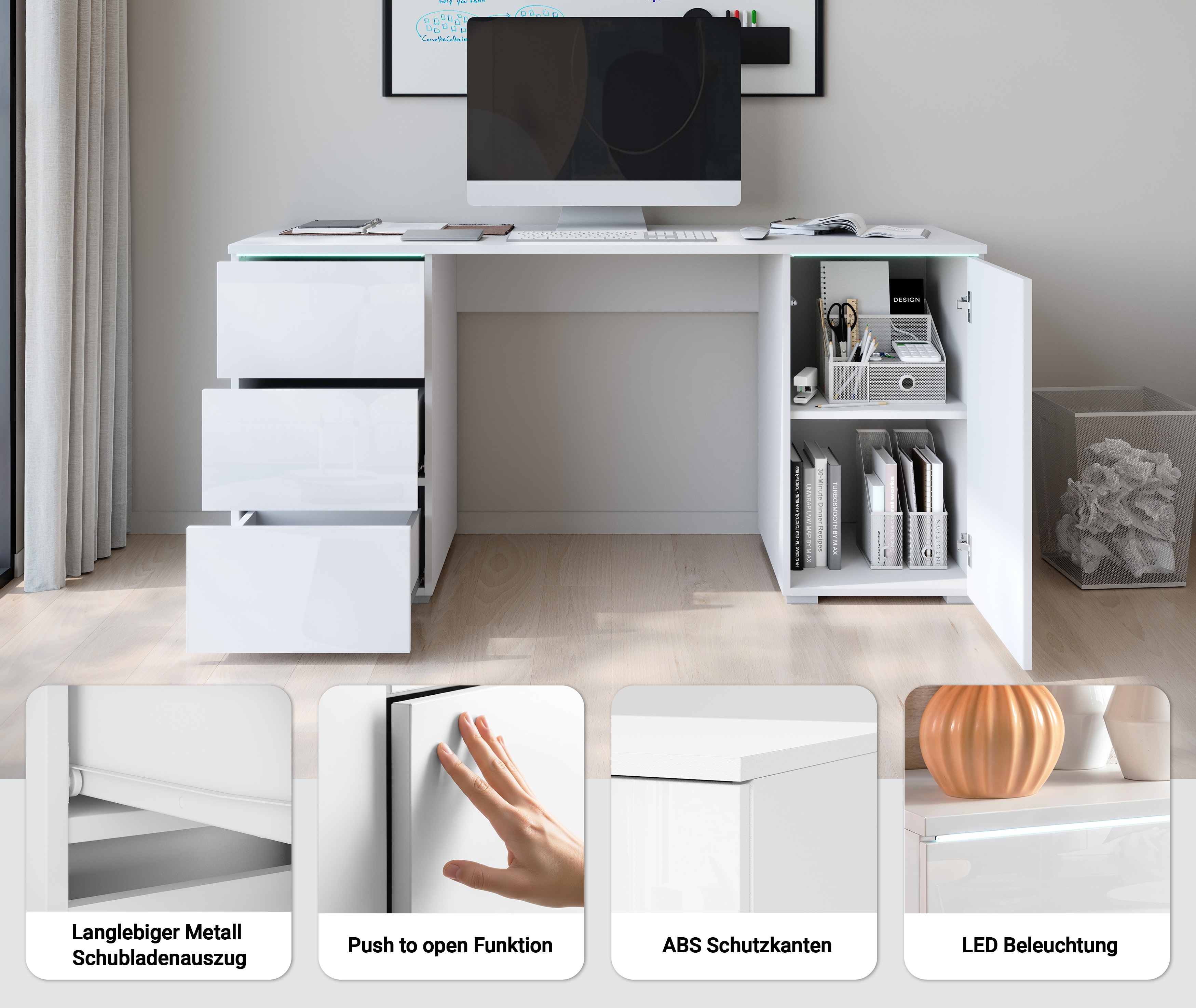 Thumbnail - INOSIGN Schreibtisch "Vera, Computertisch mit LED-Beleuchtung" 1 Stk. tlg. Bürotisch mit LED, Push-to-Open, 3 Schubladen...