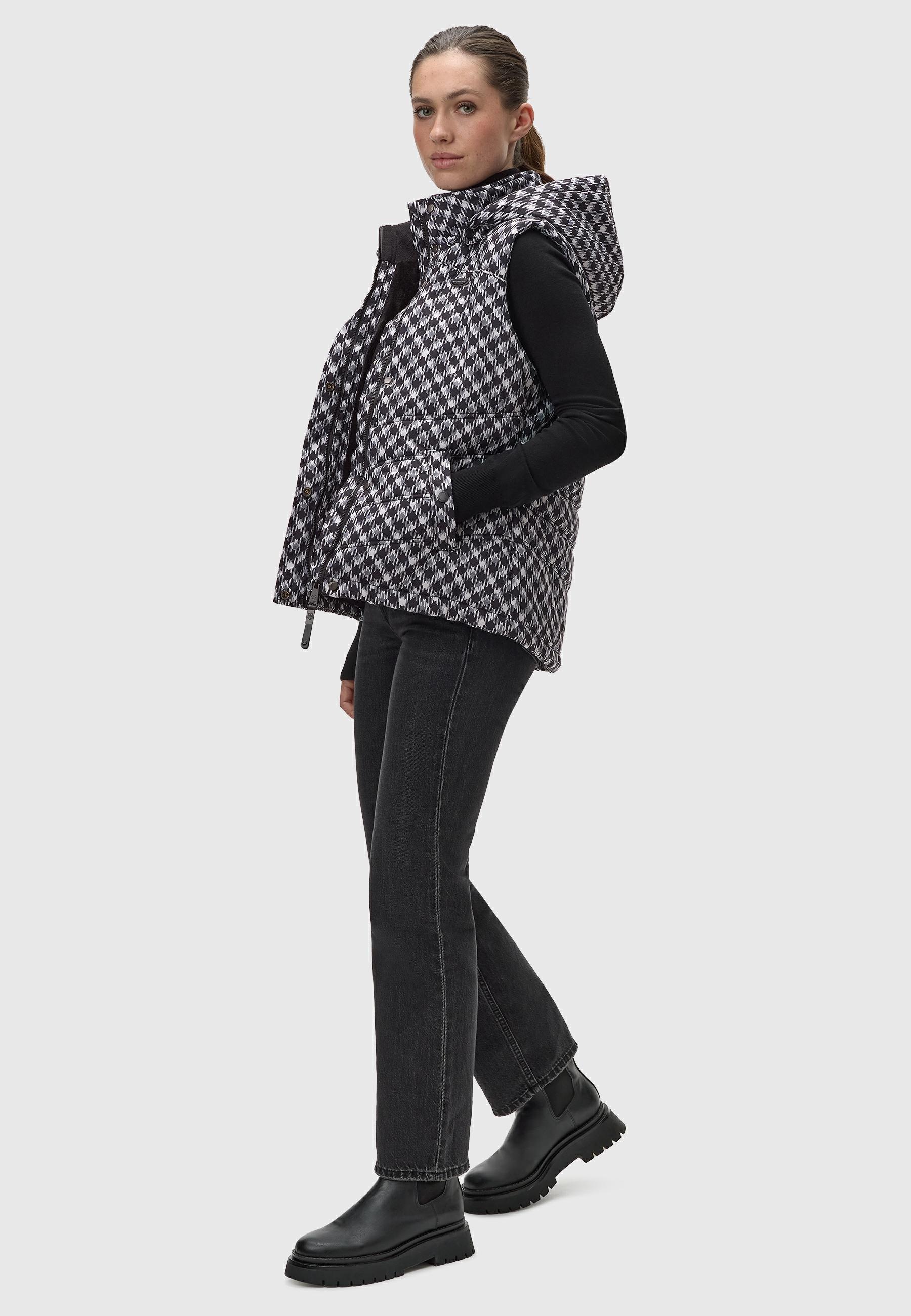Ragwear Steppweste »Hesty Print«, Weste mit abnehmbarer Kapuze und Hahnentritt Muster