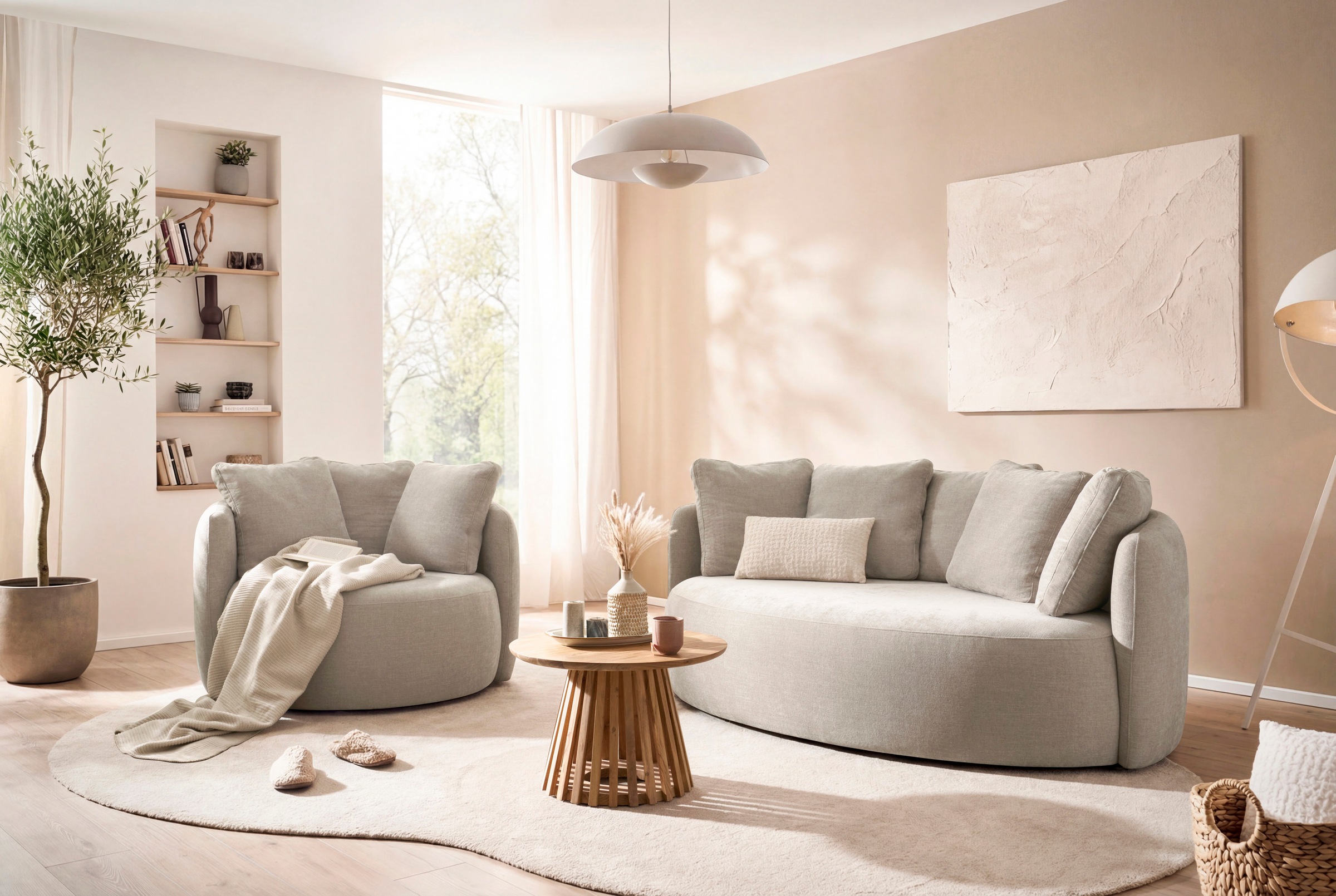 OTTO products Sessel »Kaarl, moderner Rundsessel, Loungesessel, Loveseat« Webstoff, in fünf Farben, inkl. Rückenkissen, zeitloses Design