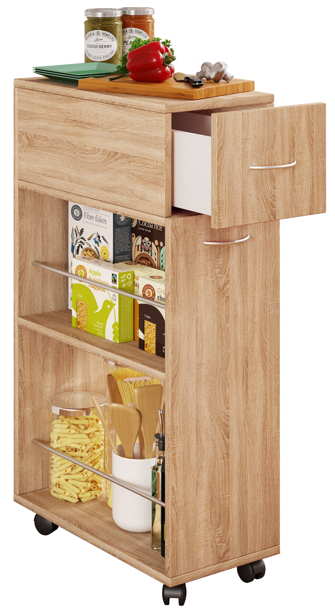 Küchenbuffet VCM, B:25cm T:50cmsonoma, eiche, Obermaterial: 100% Holz Wood., Schränke, "Nische Küchenwagen Sevierwagen Tusal Schublade"