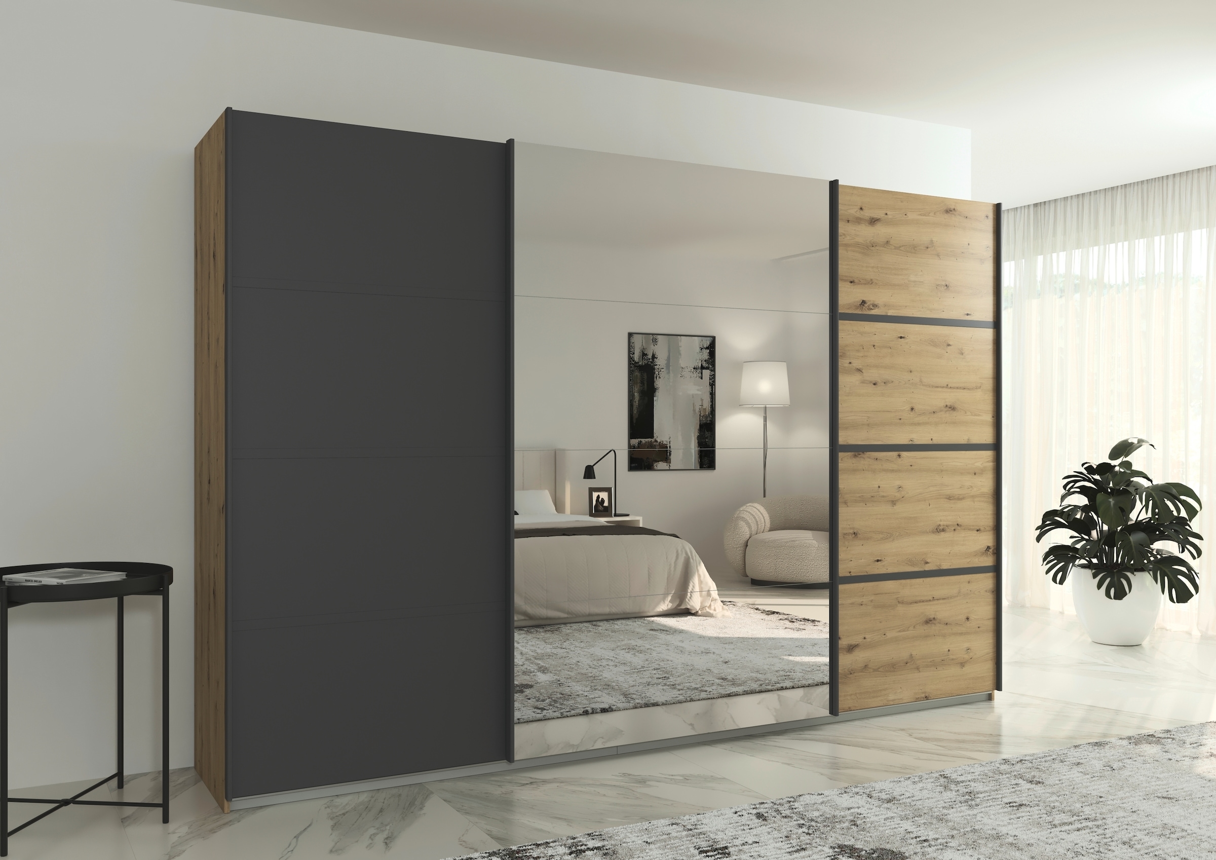 rauch Kleiderschrank »Schwebetürenschrank OTTO´s Choice Garderobe Schrank TOP ANGEBOT Avola«, (in 3 verschiedenen Ausstattungen BASIC/CLASSIC/PREMIUM inkl. Spiegel), mit eleganten Zierleisten in Chrom, Schwarz oder Weiß MADE IN GERMANY