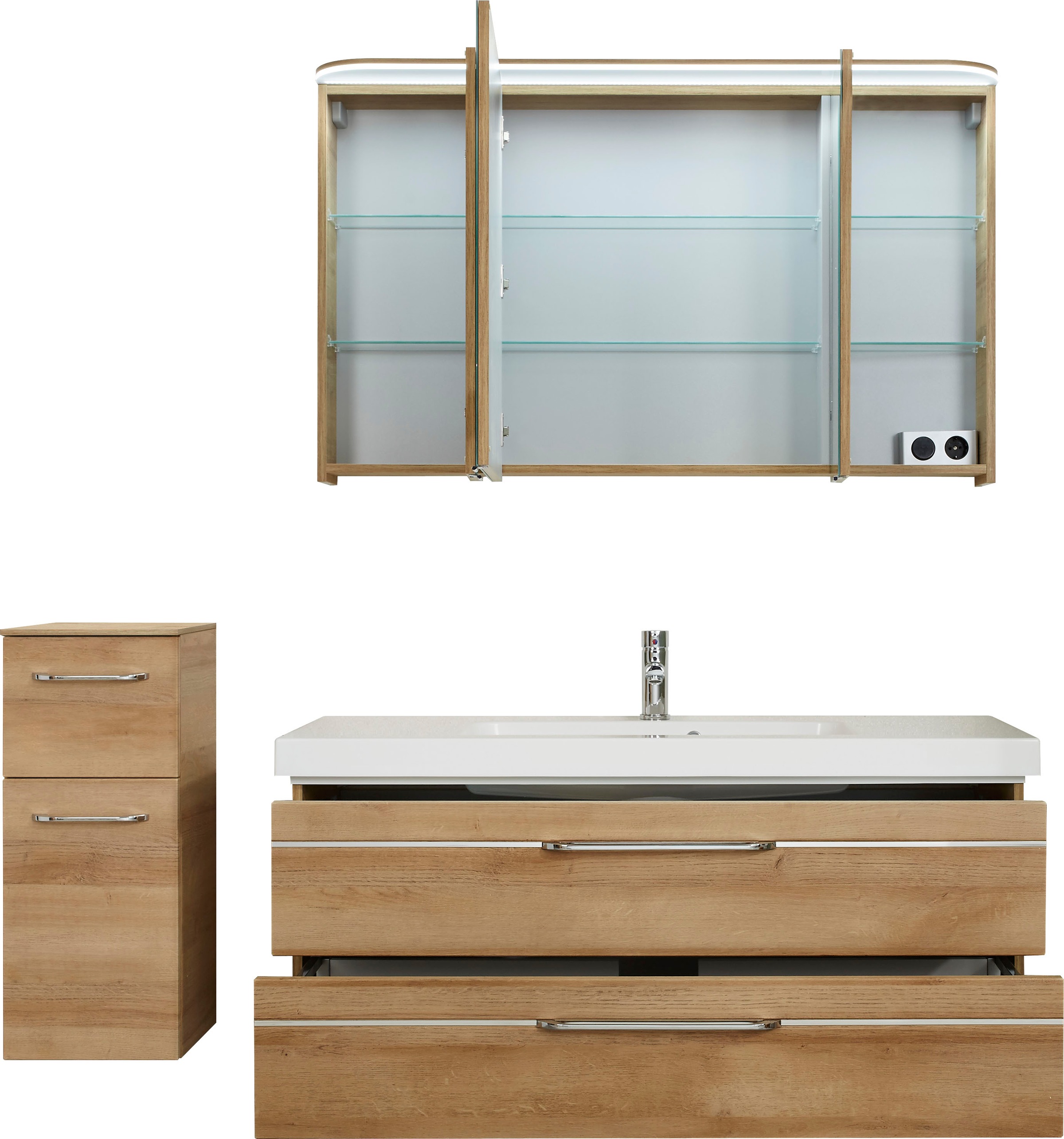 Saphir Badmöbel-Set »Balto Sprint 3-teilig, Mineralmarmor-Waschtisch mit LED-Spiegelschrank«, (4 St.), Badezimmer Set mit Unterschrank inkl Türdämpfer, 3 Türen, 2 Schubladen