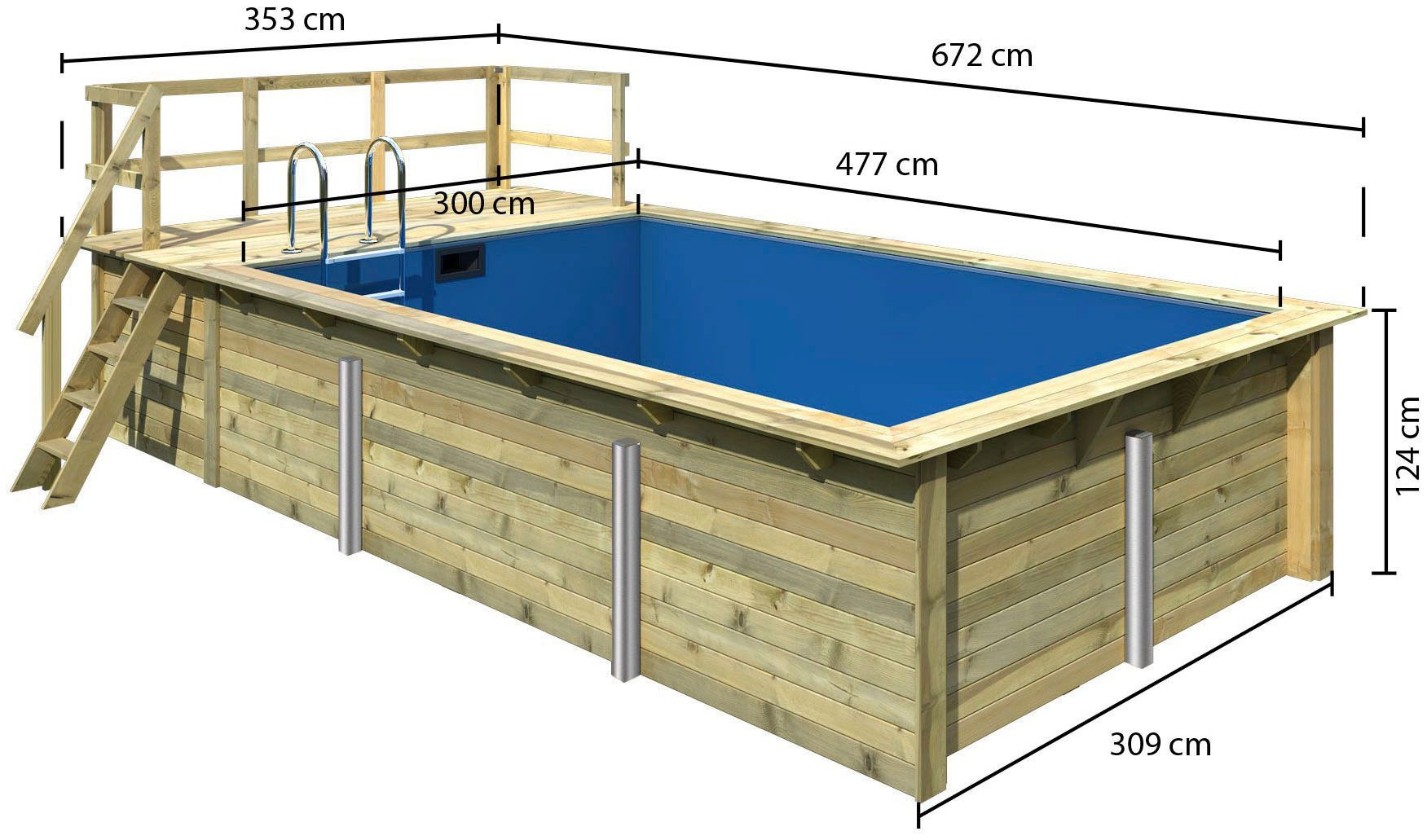 Karibu Rechteckpool »Malta A BxLxH: 353x530x124 cm mit Sonnendeck«, (Set, 7 tlg.), 44 mm starke kesseldruckimprägnierte Holzbohlen aus Fichtenholz
