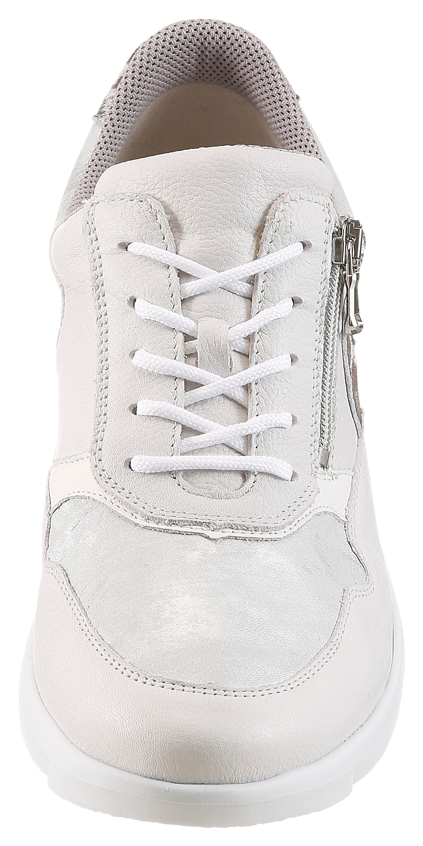 Sneaker WALDLÄUFER "K-FUNKY", Damen, Gr. 7,5 (41), weiß, silberfarben, Nappaleder, Nubukleder, Reptilienprägung, unifarben mit Farbeinsatz, Schuhe Sneaker, Schnürschuh, Komfortschuh mit seitlichem Reißverschluss, K-Weite 3