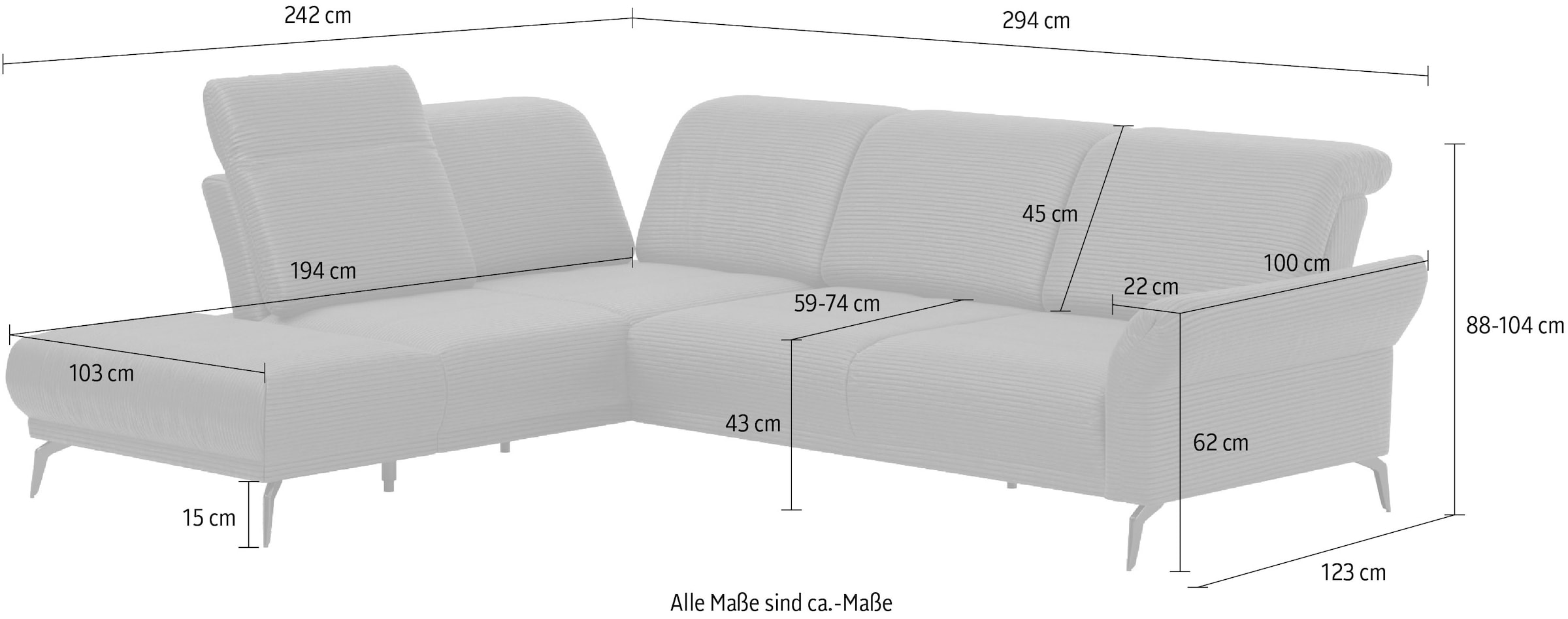 INOSIGN Ecksofa »Coco L-Form«, Sitztiefen-, Arm- und Kopfteilverstellung, Cord-Bezug, Fußhöhe 15 cm