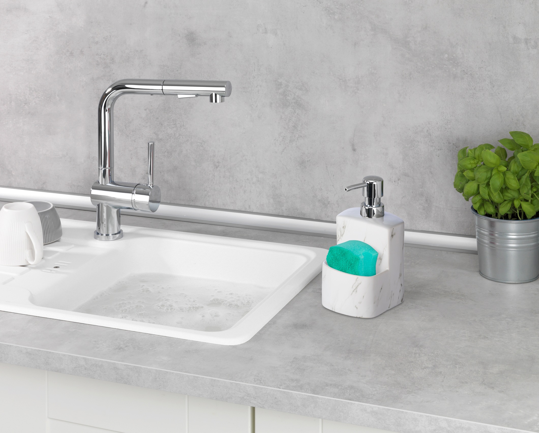 WENKO Spülmittelspender »Modell Festival«, aus Keramik, Soft-Touch Beschichtung, mit Spülschwamm-Fach, 380 ml