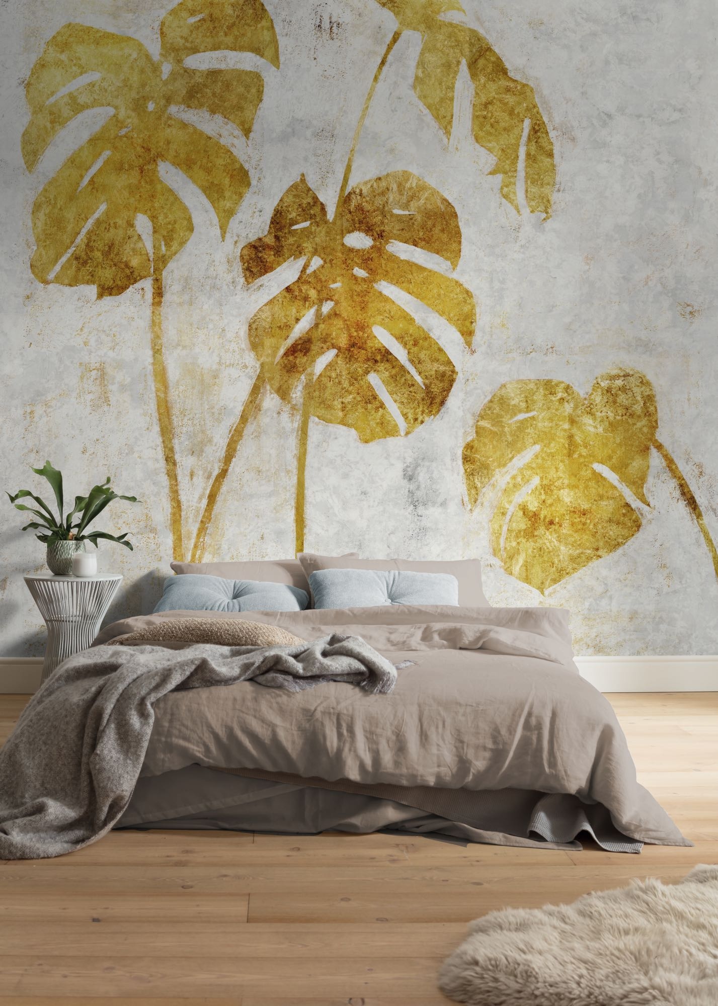 Komar Fototapete "Vlies Fototapete - Golden Monstera - Größe 300 x 250 cm" Motiv bedruckt glatt