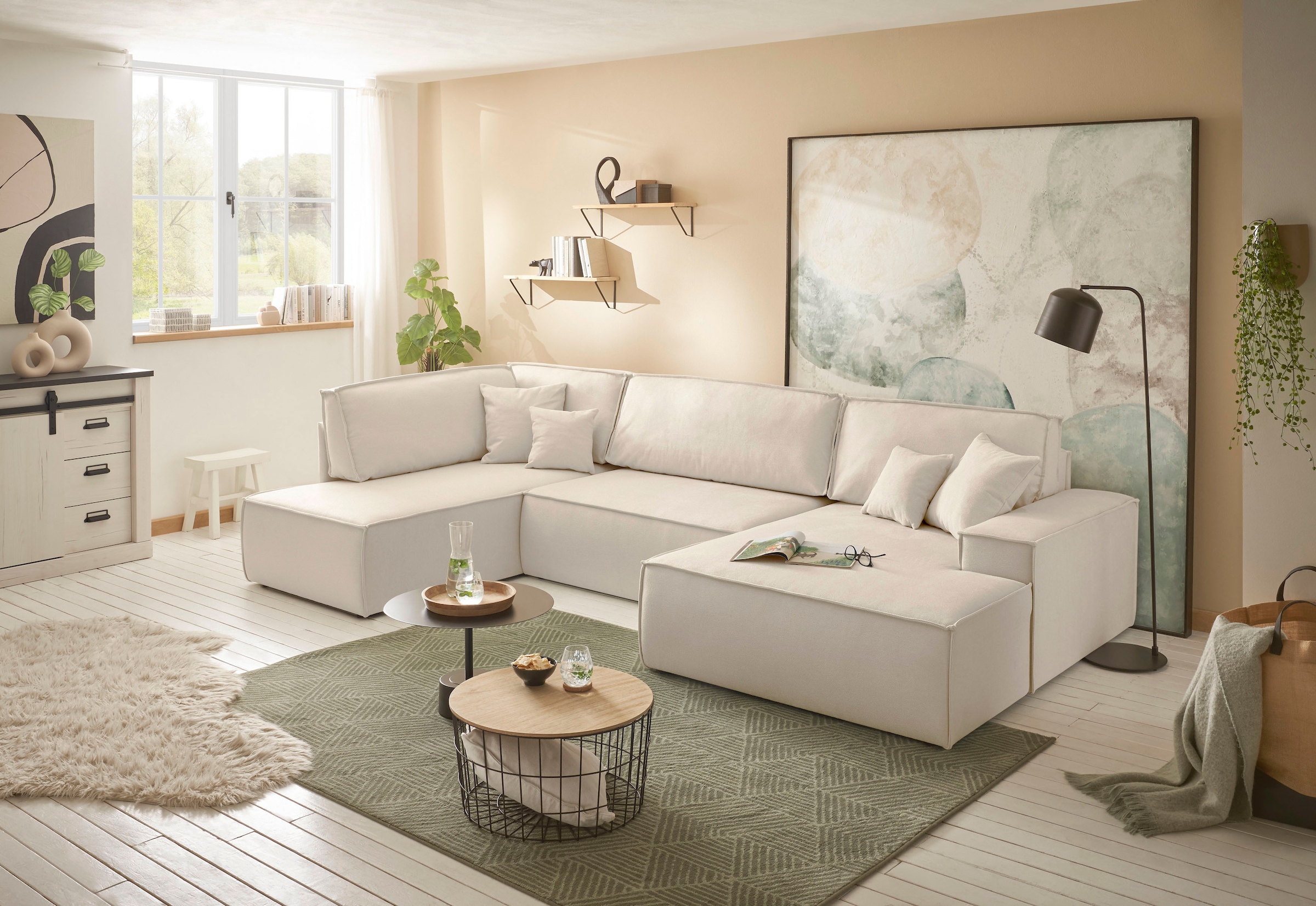 andas Wohnlandschaft »FINNLEY U-Form XXL 329 cm, Schlafsofa, Schlaffunktion m. Bettkasten«, (194/139 cm), Bouclé, Struktur und Cord