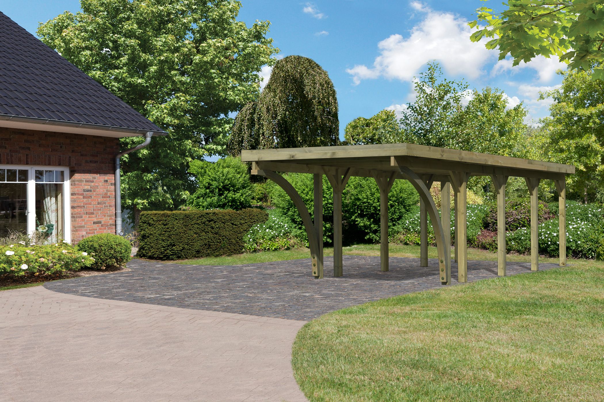Karibu Einzelcarport ""Classic 3 SET" Stahl-Dach Variante C, inkl. zwei Einfahrtsbogen" Massivholz 250 cm KDI aus Masivholz