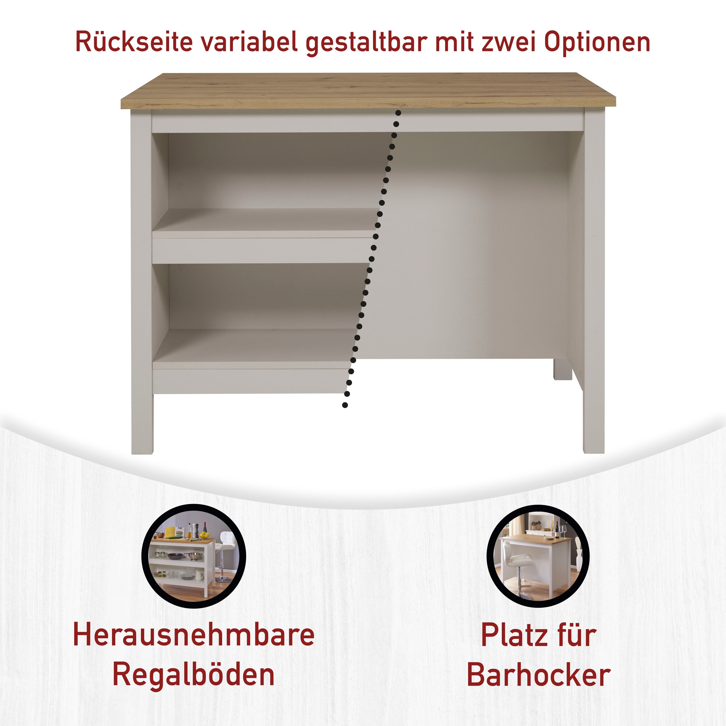 Inter Link Bartisch »Pienza, multifunktional für Küche & Essbereich, Kaschmir, Skandi Look« 1 Stk. tlg. Kücheninsel mit Soft-Close, Platz für 2 Hocker, 124x75x91 cm