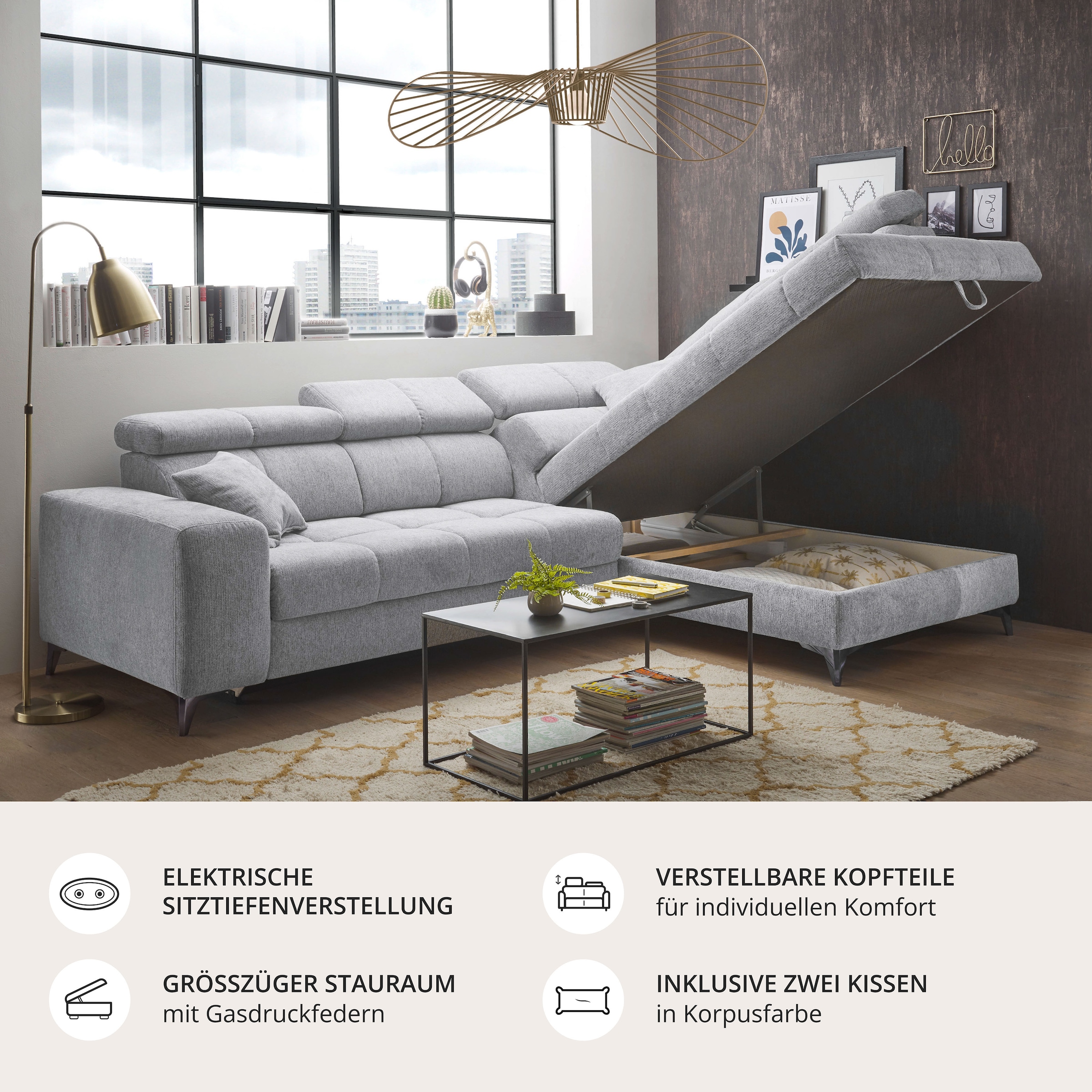 ED EXCITING DESIGN Ecksofa »Sydney L-Form« motorischer Sitztiefenverstellung, USB-Port & 2 Zierkissen