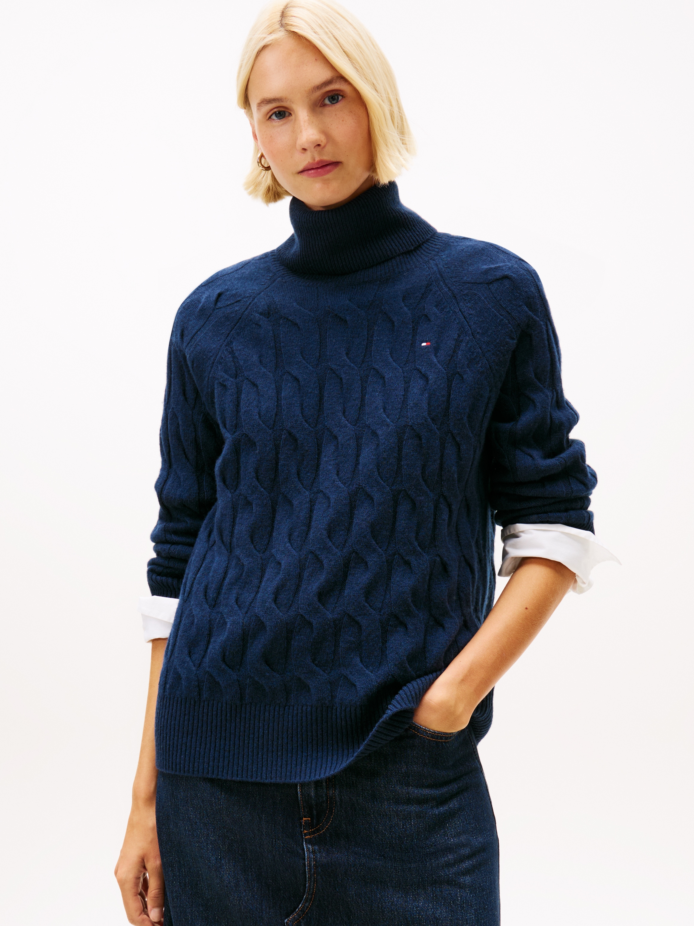 Tommy Hilfiger Rollkragenpullover "SOFT WOOL CABLE ROLL-NK LS SWT" Wolle, mit Zopfmuster