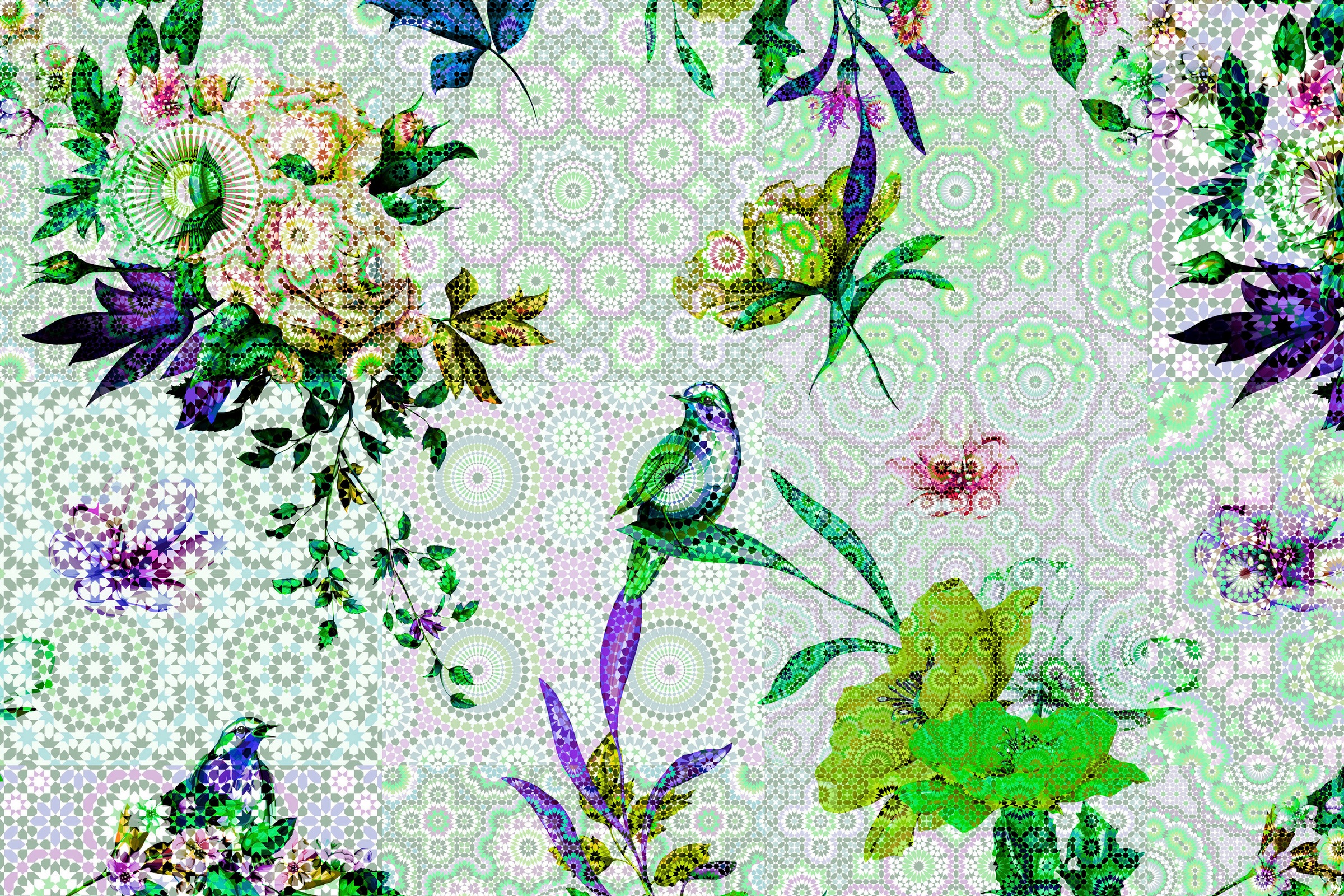 A.S. Création Leinwandbild »mosaic garden«, Kunst-Vögel-Kinder, (1 St.), Mosaik Keilrahmen Floral Blumen Vögel Leinwand-Bild Wohnzimmer modern