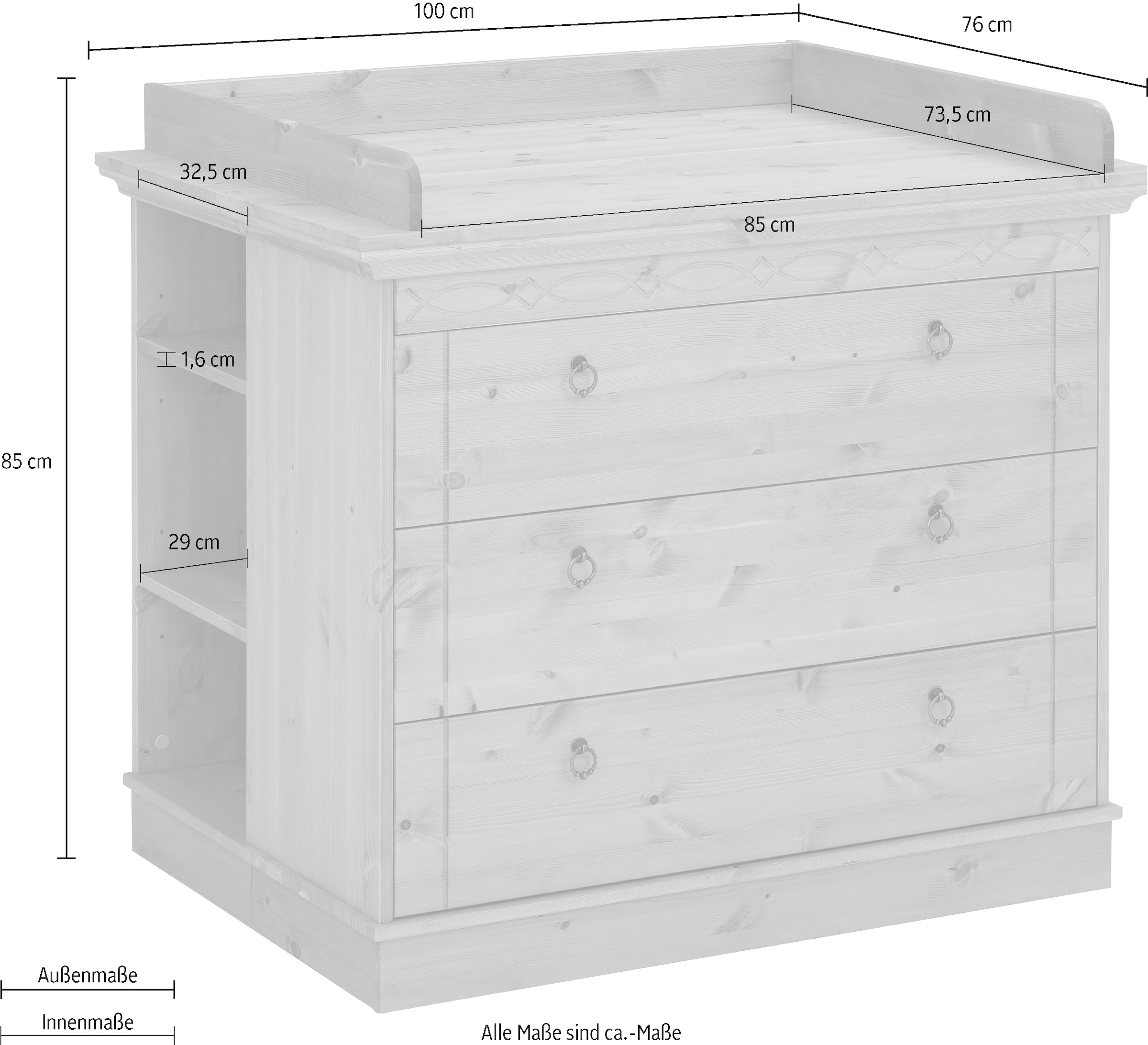 Lüttenhütt Wickelkommode »Indra, Landhausstil, viel Stauraum«, FSC® zertifiziertes Massivholz, inklusive Unterbauregal und Aufsatz, 100 cm