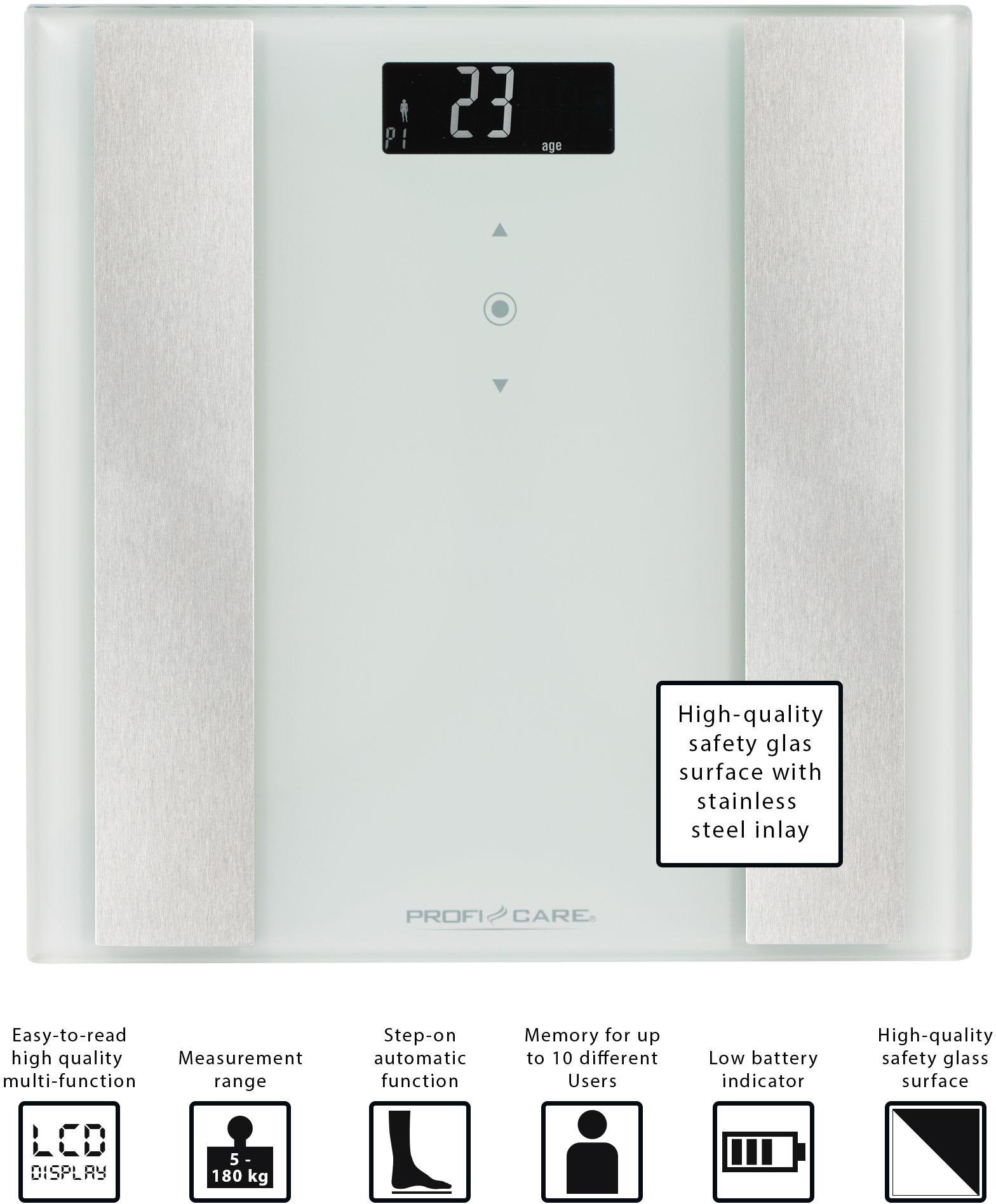 ProfiCare Körper-Analyse-Waage »PC-PW 3007 FA«, 8 in 1 Glas-Analyse-Waage in 2 Farben