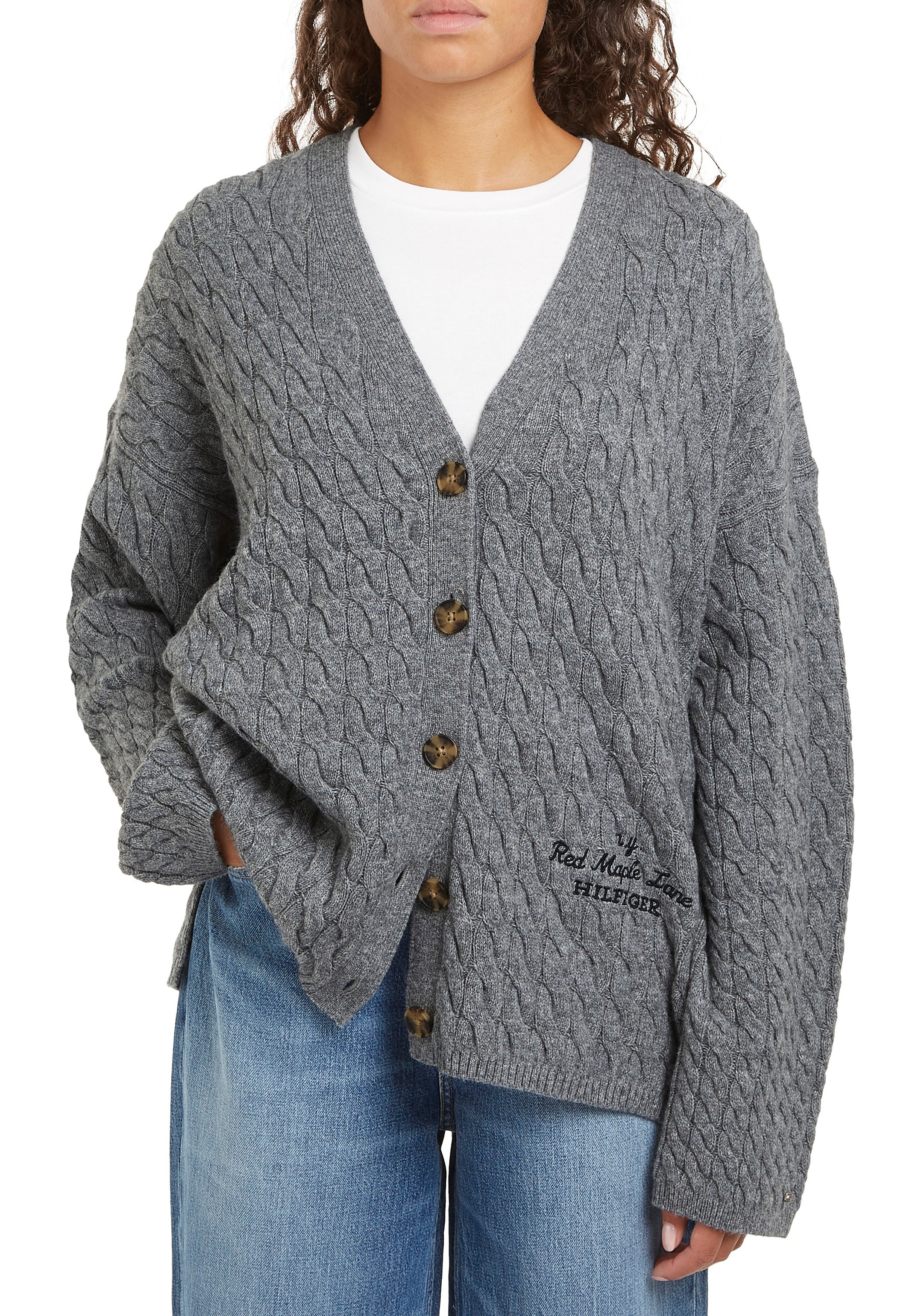 Tommy Hilfiger Strickjacke »WOOL BLEND CABLE V-NK CARDI«, mit Zopfmuster