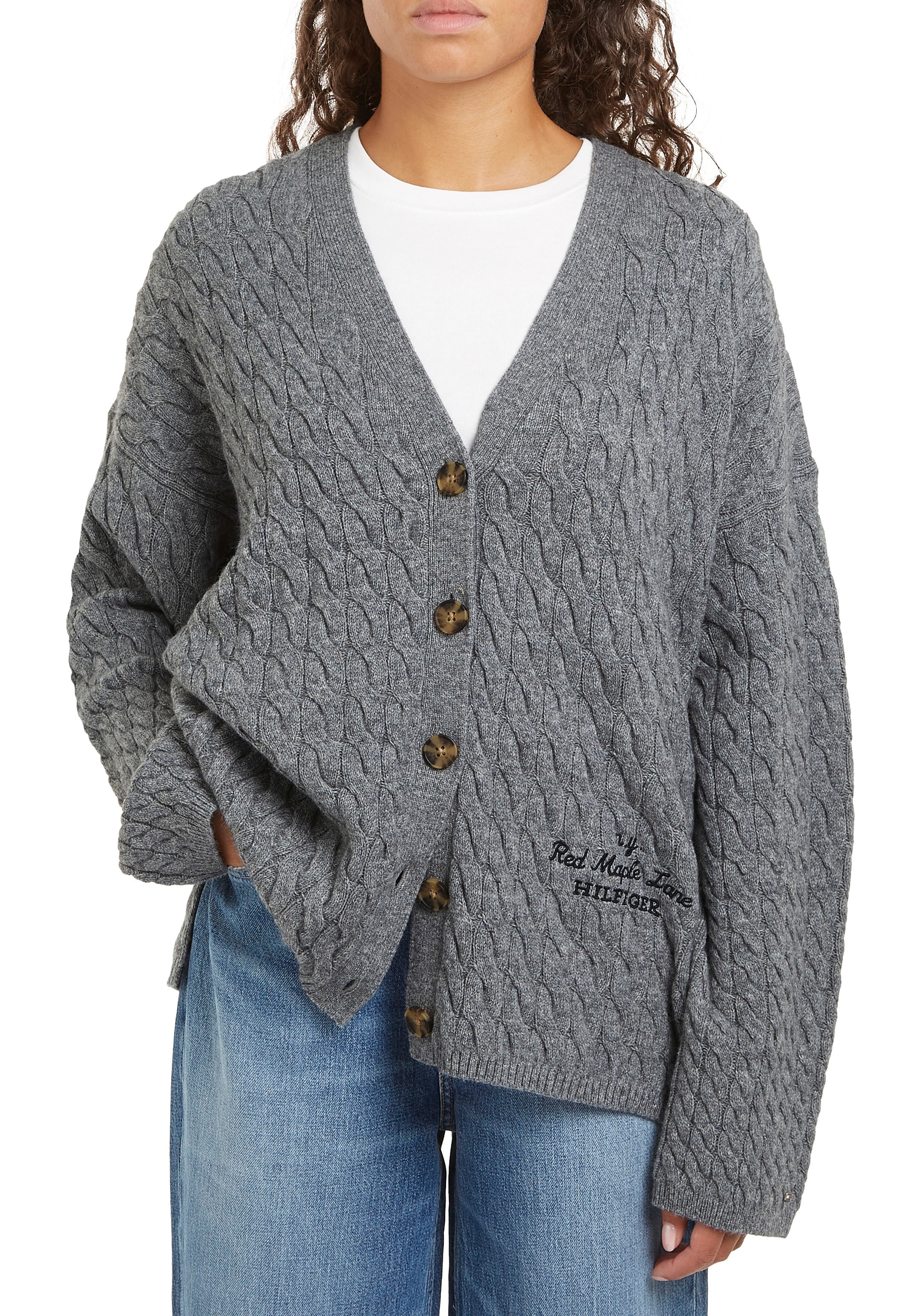 Tommy Hilfiger Strickjacke WOOL BLEND CABLE V-NK CARDI mit Zopfmuster günstig online kaufen