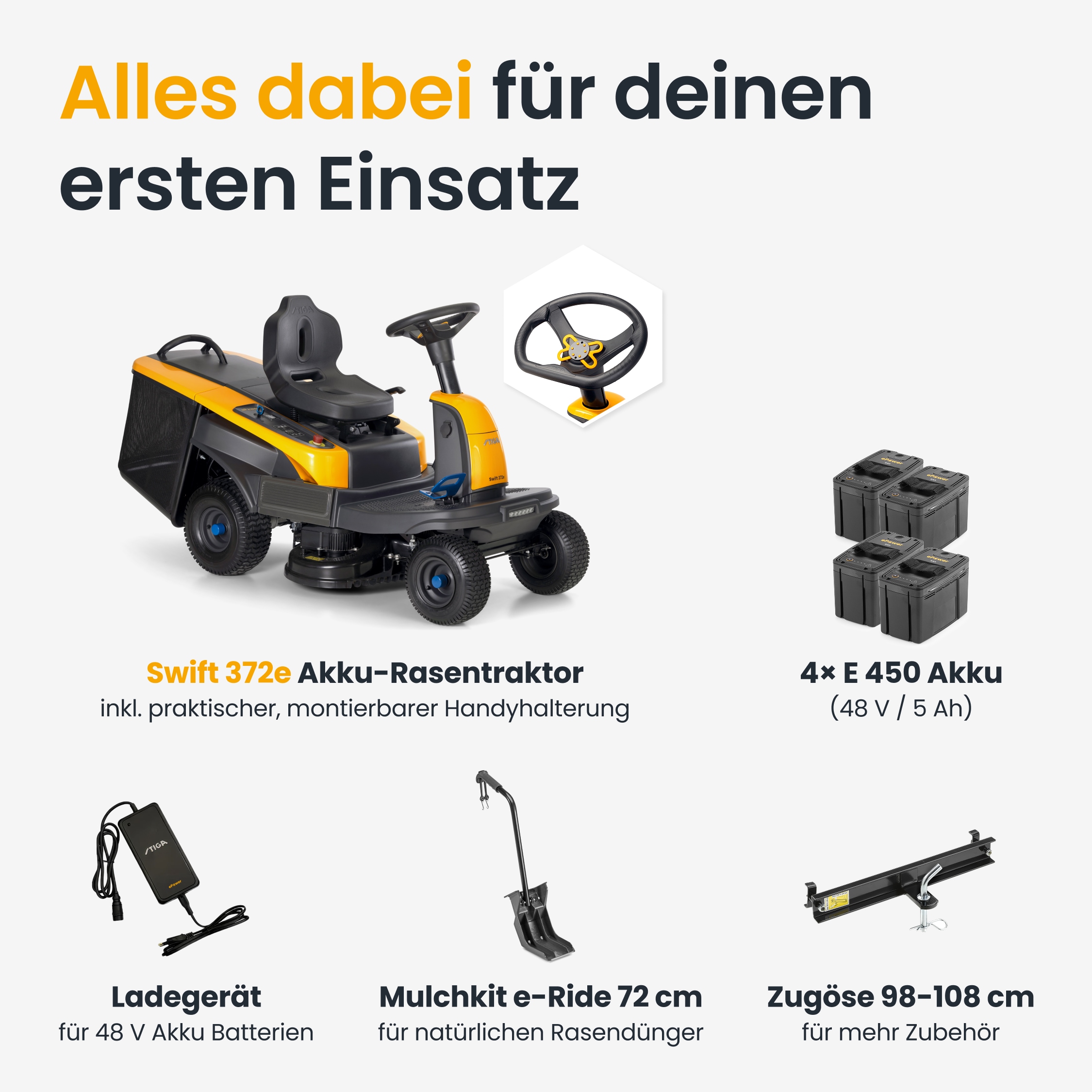 STIGA GARDEN Akku-Rasentraktor »Swift 372e Kit« für Flächen bis 2000 m², Doppel-Messer Mähdeck, Tempomat