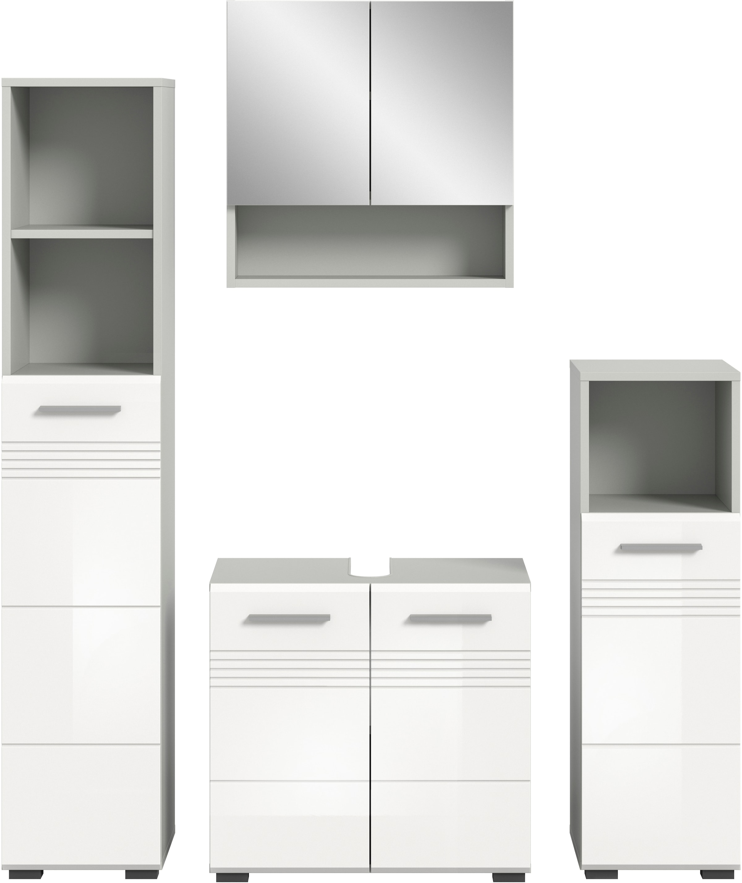 welltime Badmöbel-Set »Calicio, bestehend aus: Hochschrank, Waschbeckenunterschrank,«, (4 St.), Spiegelschrank, Unterschrank, hochwertige MDF Front mit Rillenfräsung