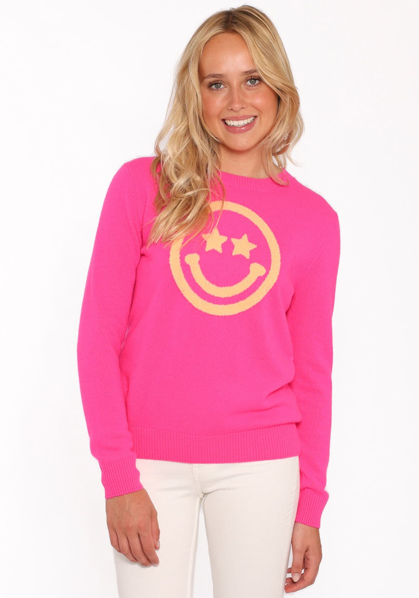 Zwillingsherz Kaschmirpullover »Roundneck "Smiley Face"«, in Neonpink mit orangen Smiley