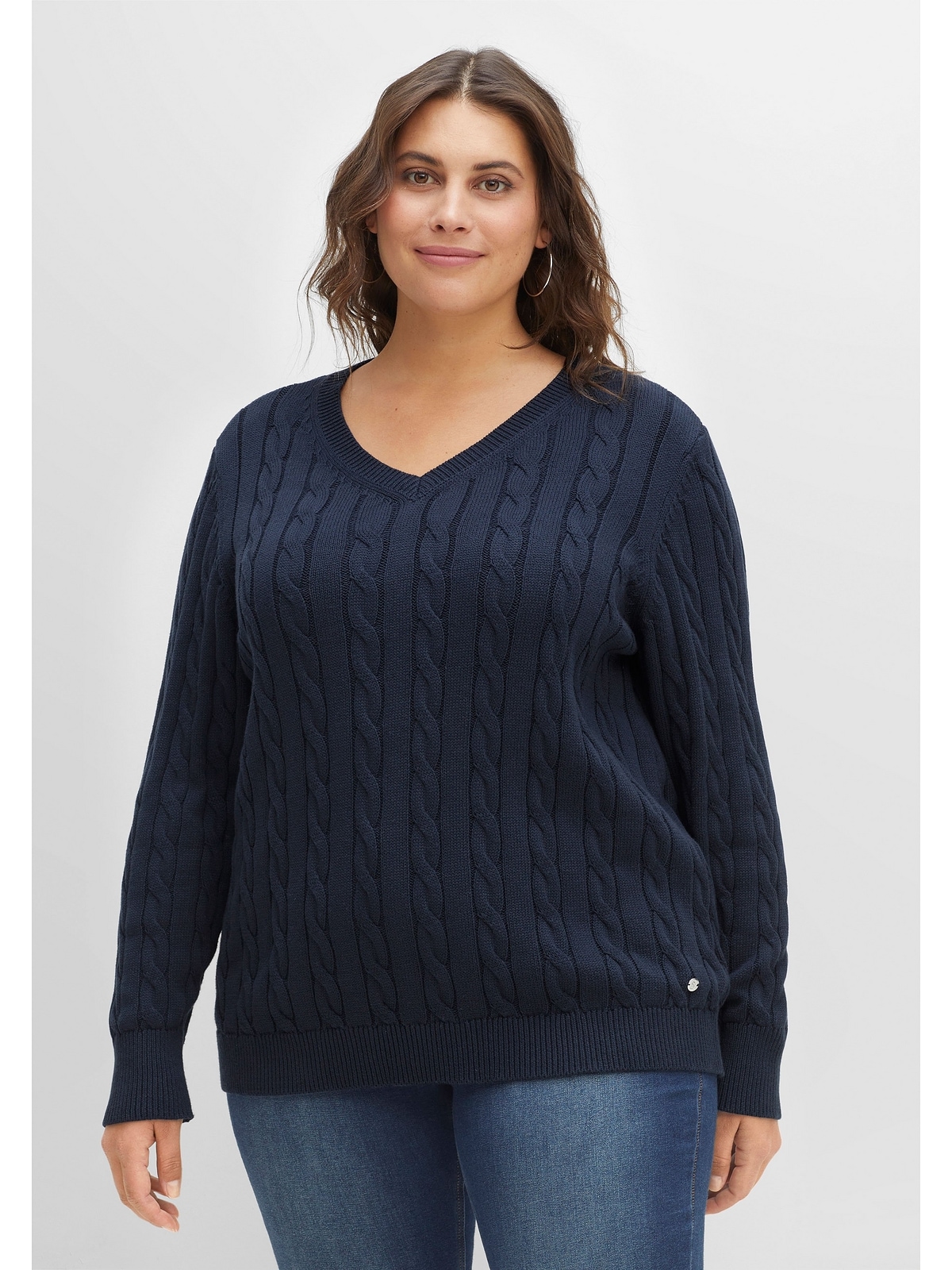 V-Ausschnitt-Pullover »Große Größen«, aus Baumwolle, mit Zopfmuster