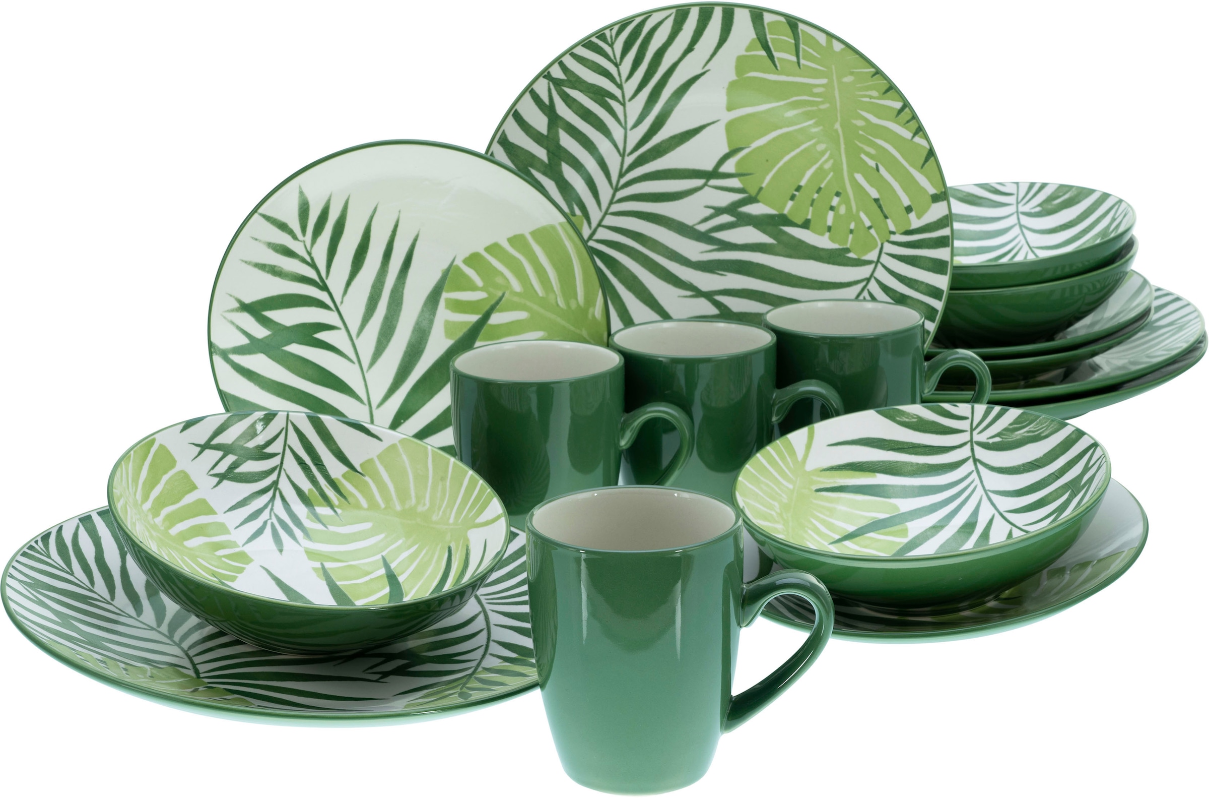 CreaTable Kombiservice "Tropicana", (Set, 16 tlg.), vollflächiger tropischer Blätter Dekor