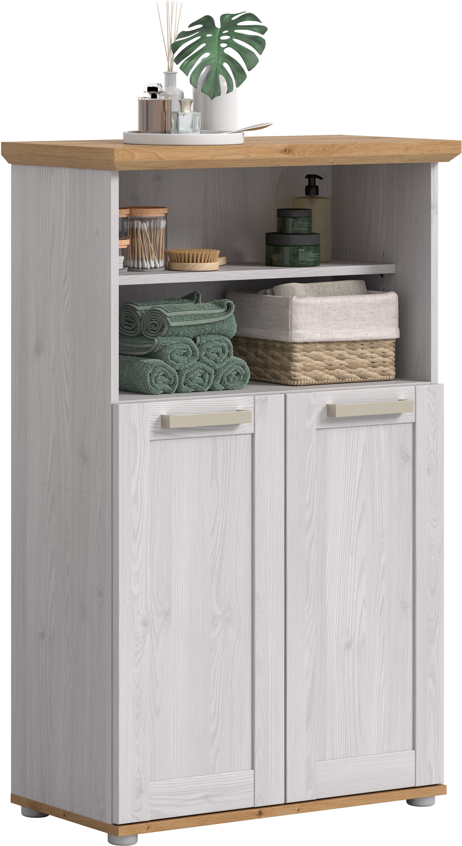 welltime Midischrank "COSENZA, Höhe 116cm, 2 Türen, 2 offene Fächer, 3 Einlegeböden" in Landhausoptik, mit weiteren Artikel der Serie kombinierbar, 1 Stk. tlg. Midischrank, Badschrank, Bad, Badezimmer