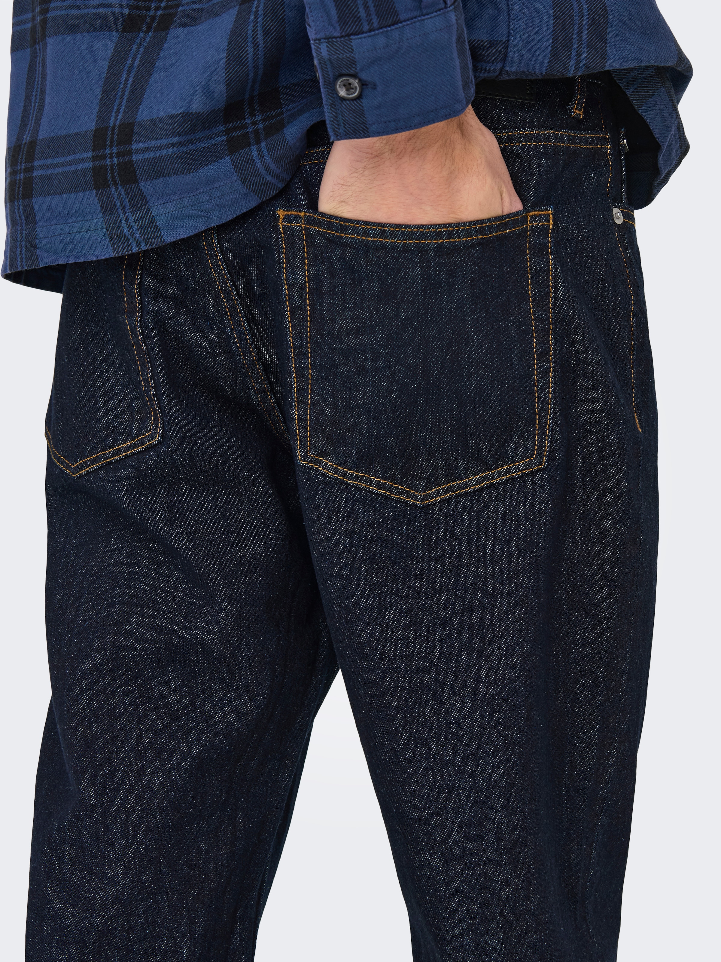Regular-fit-Jeans ONLY & SONS "ONSEDGE STRAIGHT BROMO 0017 DOT DNM NOOS", Herren, Gr. 29, Länge 32, blau (dunkelblau denim detail:rinse), Denim/Jeans, Obermaterial: 100% Baumwolle, regular fit, Jeans 2
