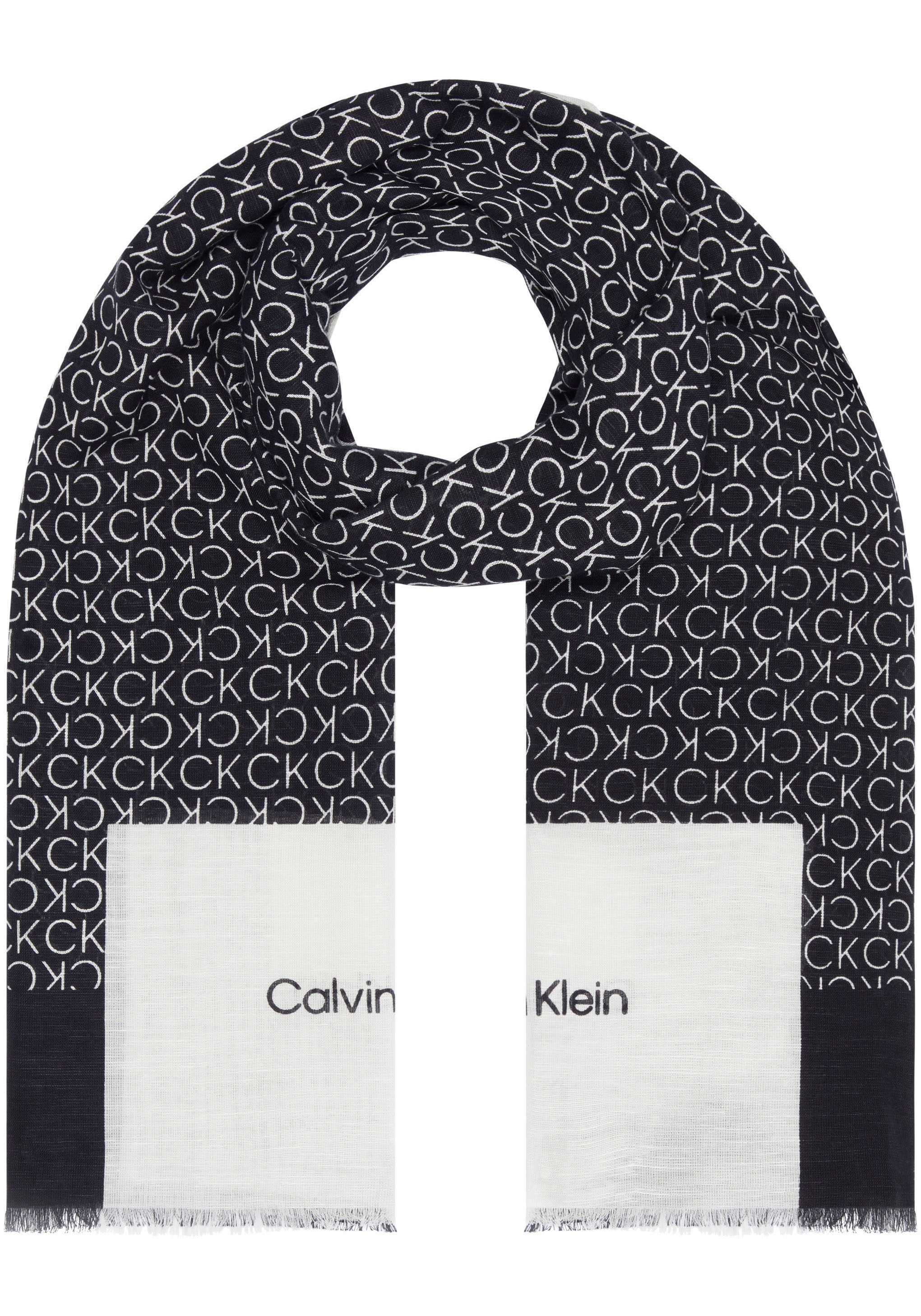 Calvin Klein Schal »GEO MINIMAL LOGO LINEN STOLE«, Logoprägung, ausgefranste Enden