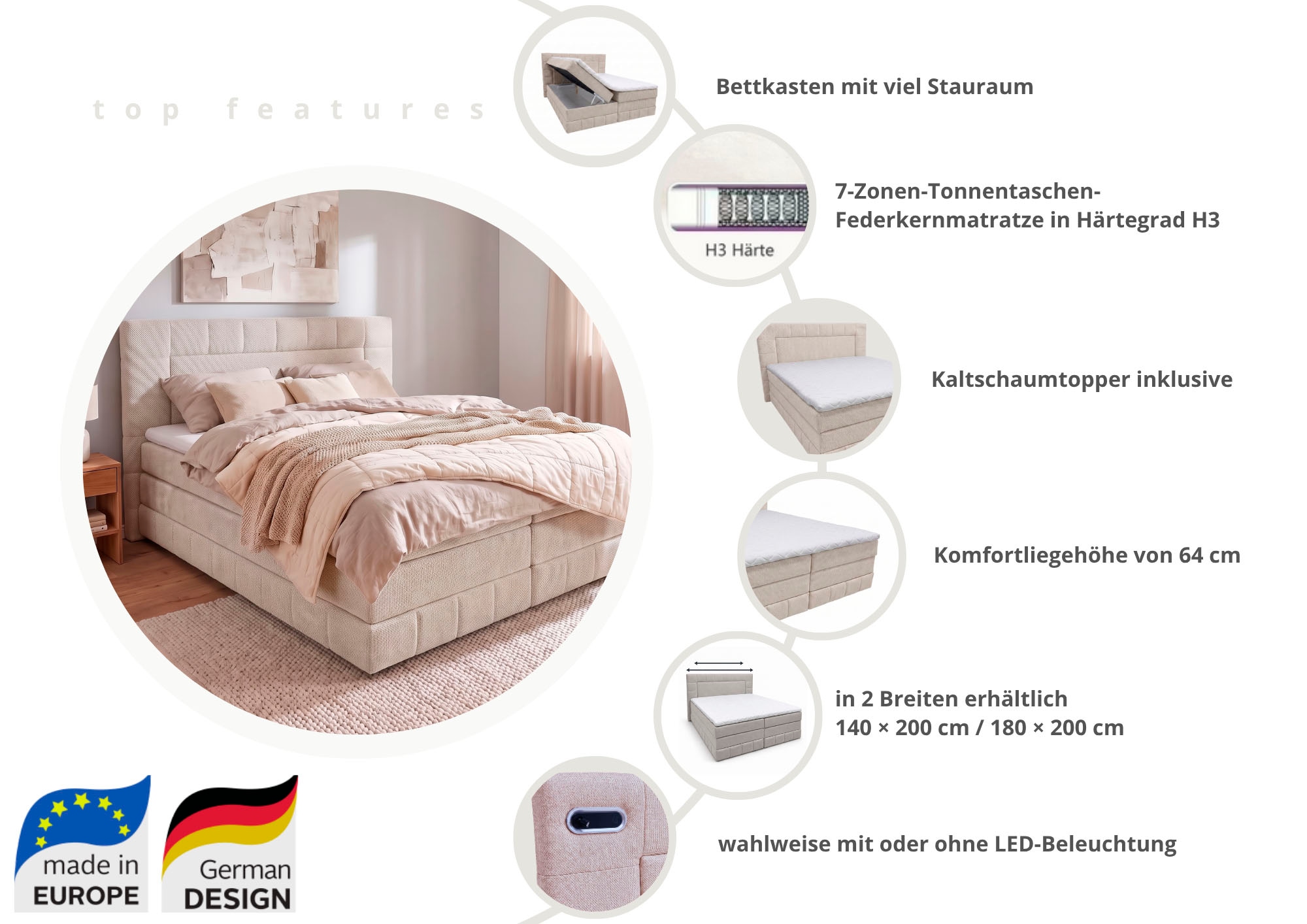 OTTO home Boxbett »PHILIPPA, Polsterbett mit Bettkasten, mit Taschenfederkernmatratze H3« inkl. Kaltschaum-Topper, in verschiedenen Farben erhältlich