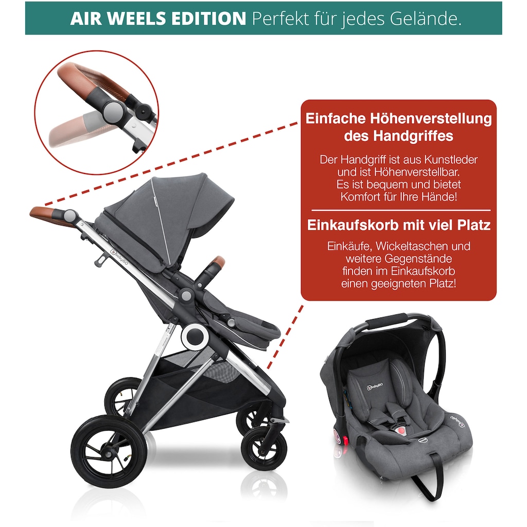 BabyGo Kombi-Kinderwagen »Halime AIR 3in1, Grey Silver«, mit Luftreifen, inkl. Babywanne, Babyschale, Regenhaube & Wickeltasche