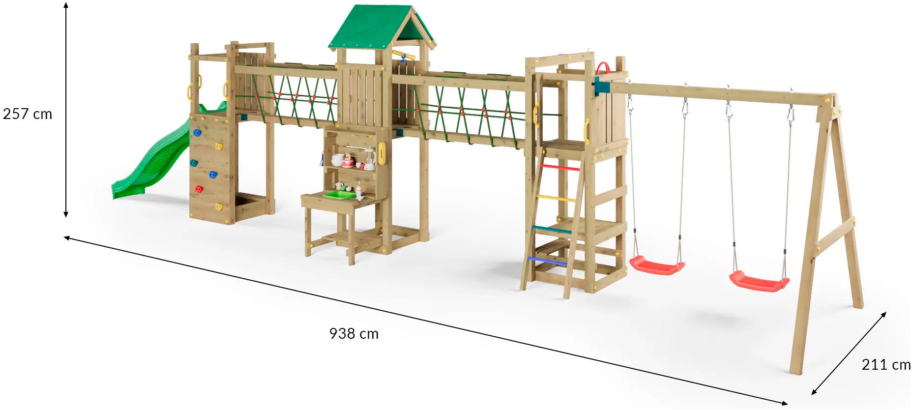 FUNGOO Spielturm »Maxi Funny Space Longer, mit Rutsche, Doppelschaukel, Kletterwand«, Picknicktisch; Made in Europe