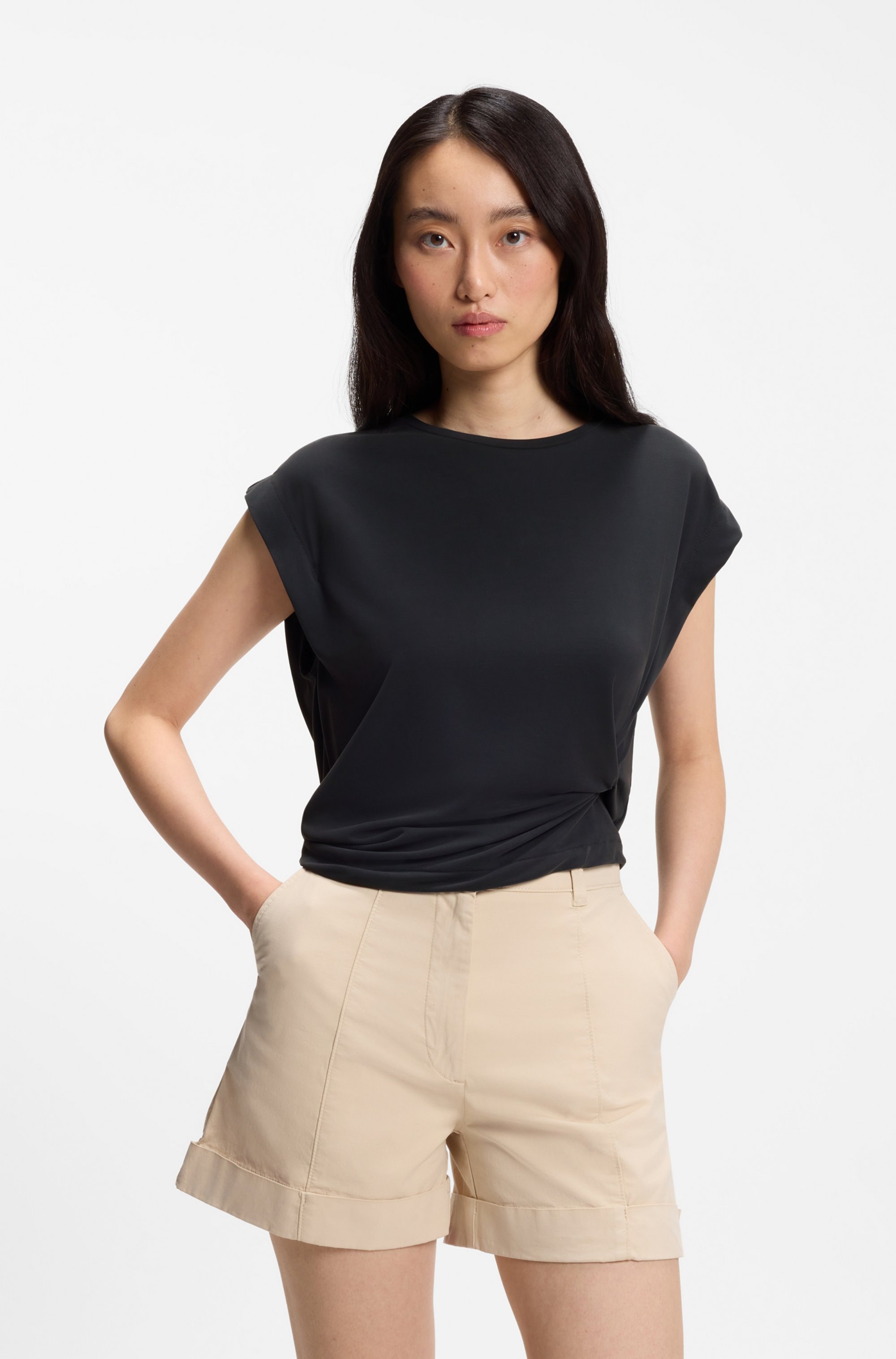 BOSS ORANGE Kurzarmshirt "Ebony Premium Damenmode" mit Wickel-Detail, Rundh günstig online kaufen