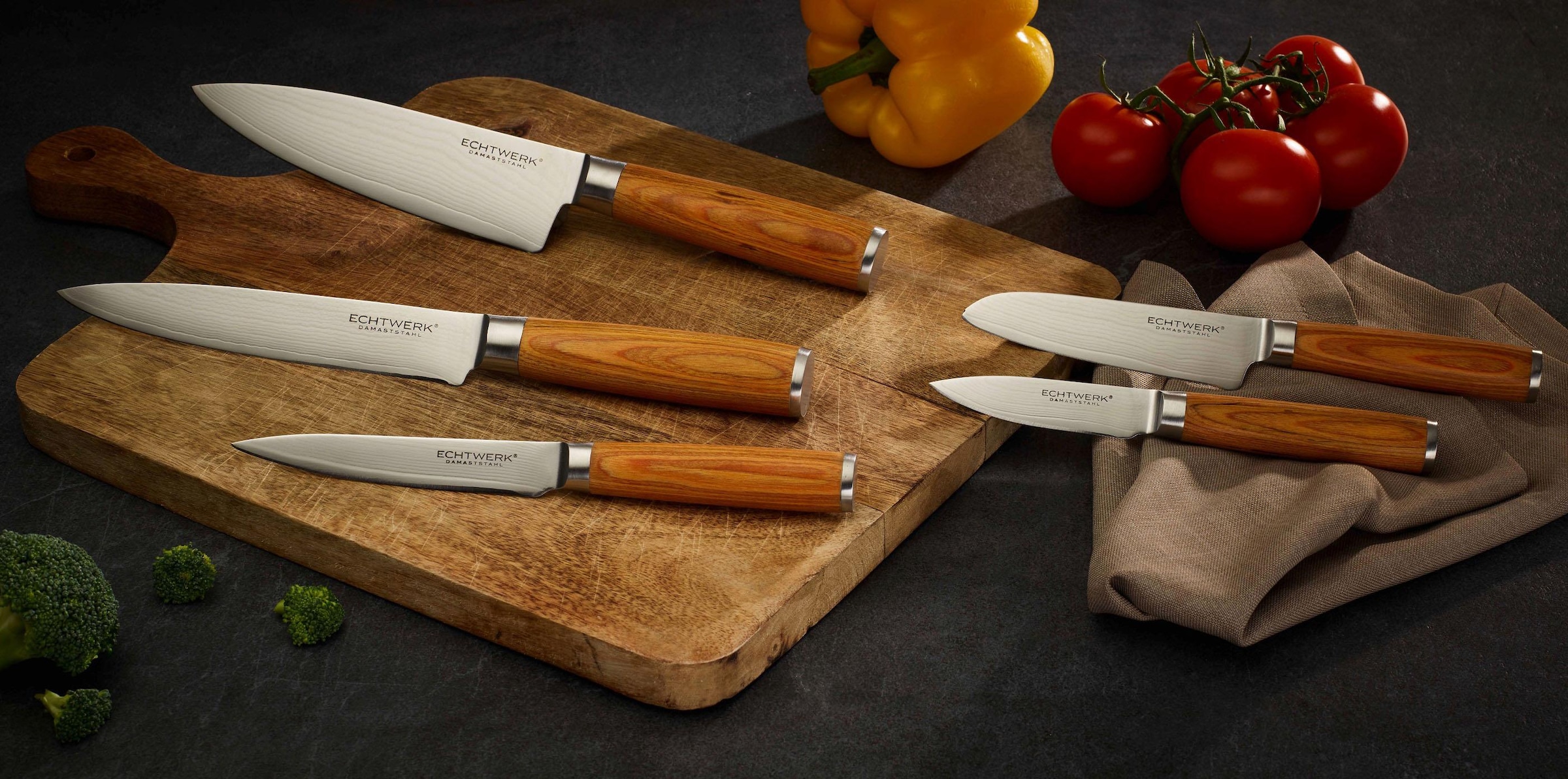 ECHTWERK Messer-Set »Damaszener« Küchenmesser-Set mit Holzgriffen in natürlicher Optik