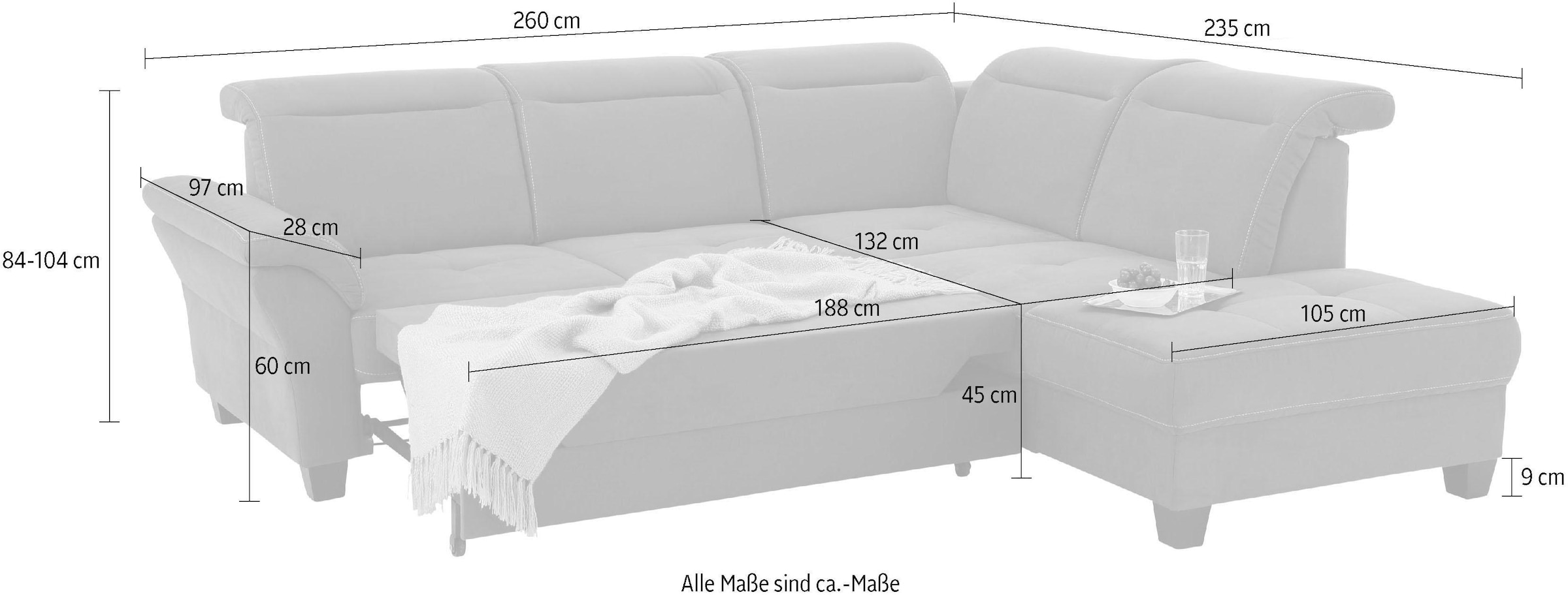 Home affaire Ecksofa »Solvei L-Form«, wahlweise auch mit Kopfteilverstellung und Bettfunktion, Federkern
