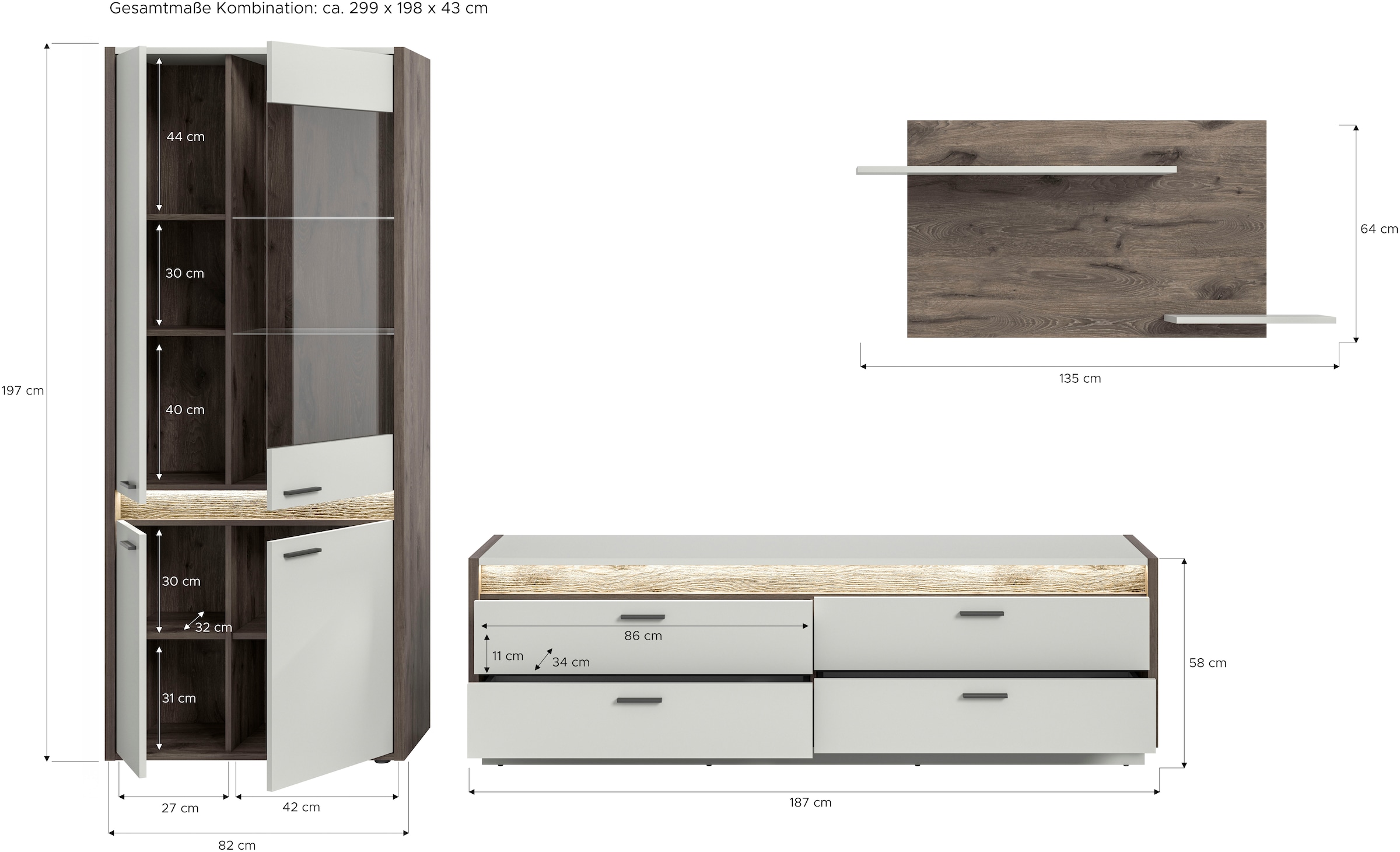 INOSIGN Wohnwand »Treviso, Breite 299 cm, bestehend aus: 1x Vitrine, 1x Lowboard und«, (3 St.), 1x Wandboard, Kombination, Wohnkombination, Mediawand, TV-Wand