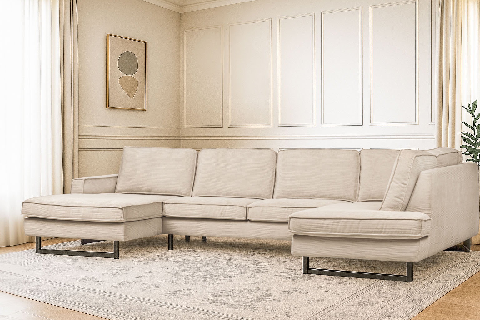 Places of Style Wohnlandschaft »Pinto, 350 cm, U-Form, XXL, mit Ottomanen«, Cord, Chenille, Lederoptik, mit Keder, Metallfüße, Wellenunterfederung
