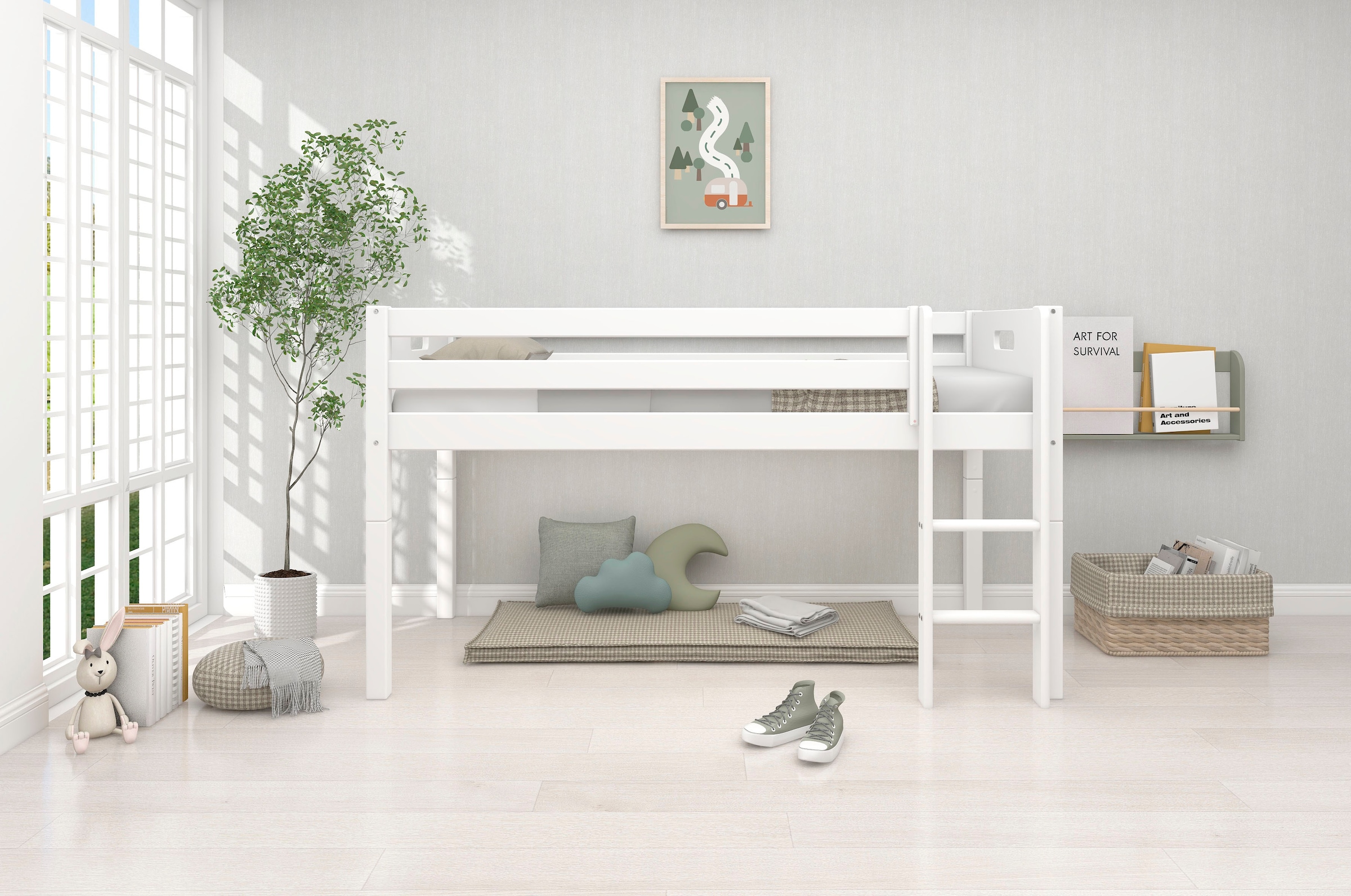 Thuka Spielbett »Nordic Kinderbett, Spielbett, Halbhohes Bett,«, (4 tlg.), mit Absturzsicherung, umbaubar in Einzelbett