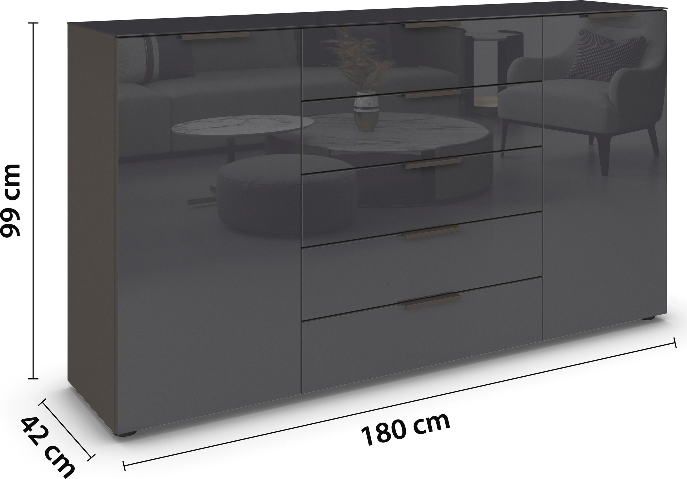 rauch Schubkastenkommode »Kommode Türkommode Sideboard Kombikommode FLIPP mit Glasfront«, (Breite 160/180 cm mit 4 Einlegeböden), 2-türig, 5 Schubladen, Soft-Close, Oberboden und Front Glas, 2 Breiten