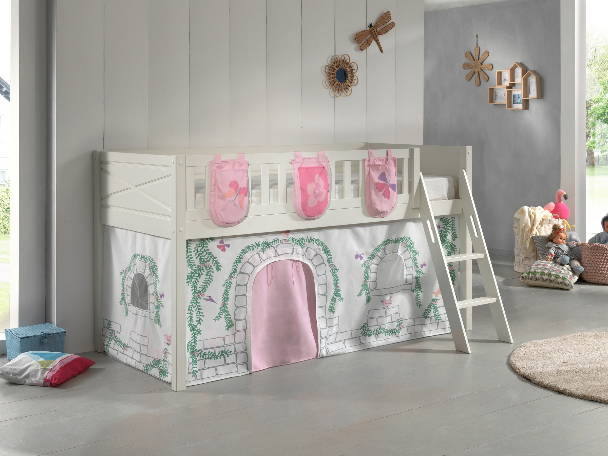 Scott Lit Mezzanine et Rideau Birdy Ses 3 Sacs Rangement Assortis
