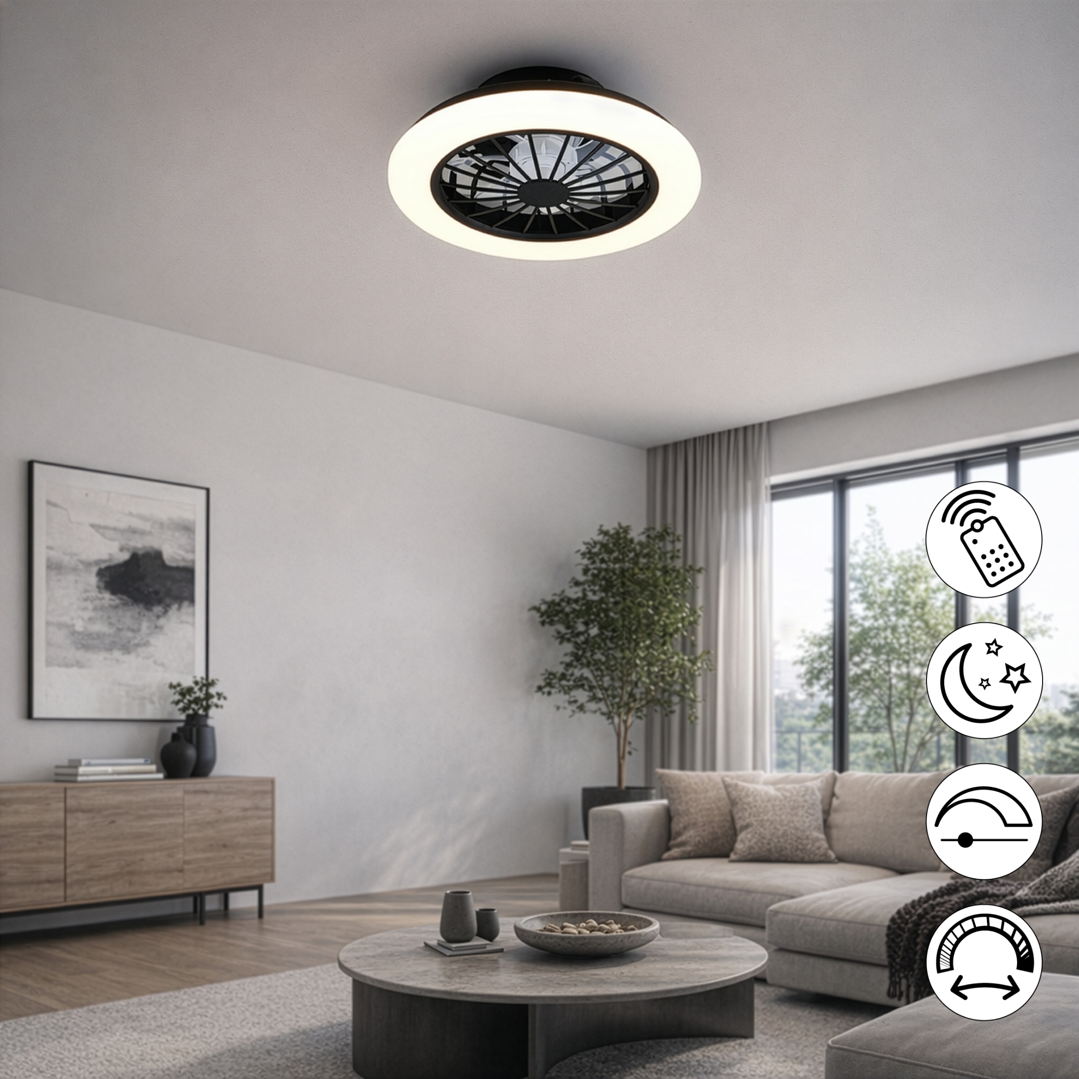 REALITY Leuchten LED Deckenleuchte »ROTSUND, Deckenventilator mit Licht Ø 38cm, inkl Fernbedienung« LED-Board 1 Stk. Farbwechsler | warmweiß - kaltweiß Ventilator mit 5 Stufen, Vor- & Rücklauf, LED mit CCT Timer Nachtlicht