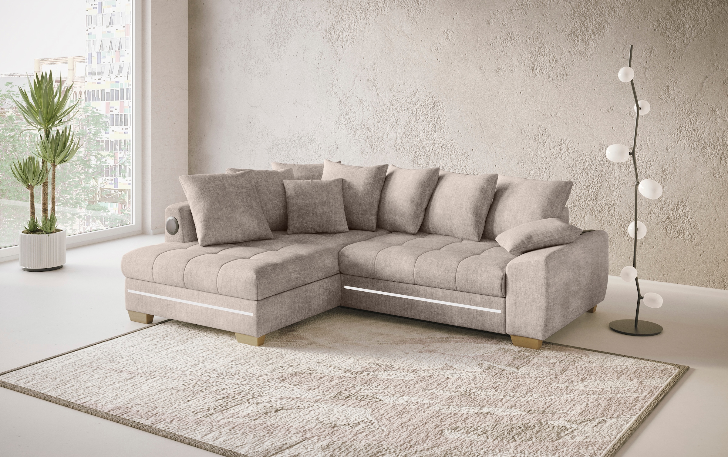 Mr. Couch Ecksofa »Nikita II, L-Form«, RGB-LED, Bluetooth-Soundsystem, wahlweise mit Bett, Bettkasten