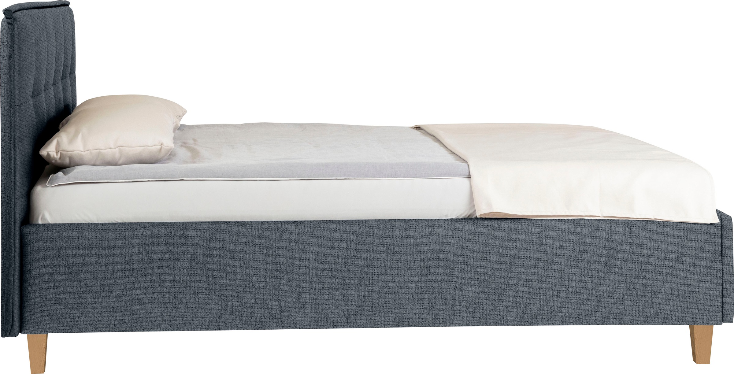 Polsterbett ALINA "Hakon", blau (blaugrau gfs 86), B:201cm H:107cm L:209cm, Chenille GFS (100% Polyester), Betten, Polsterbett, wahlweise mit Matratze und Lattenrost, Füße in Buche natur 3