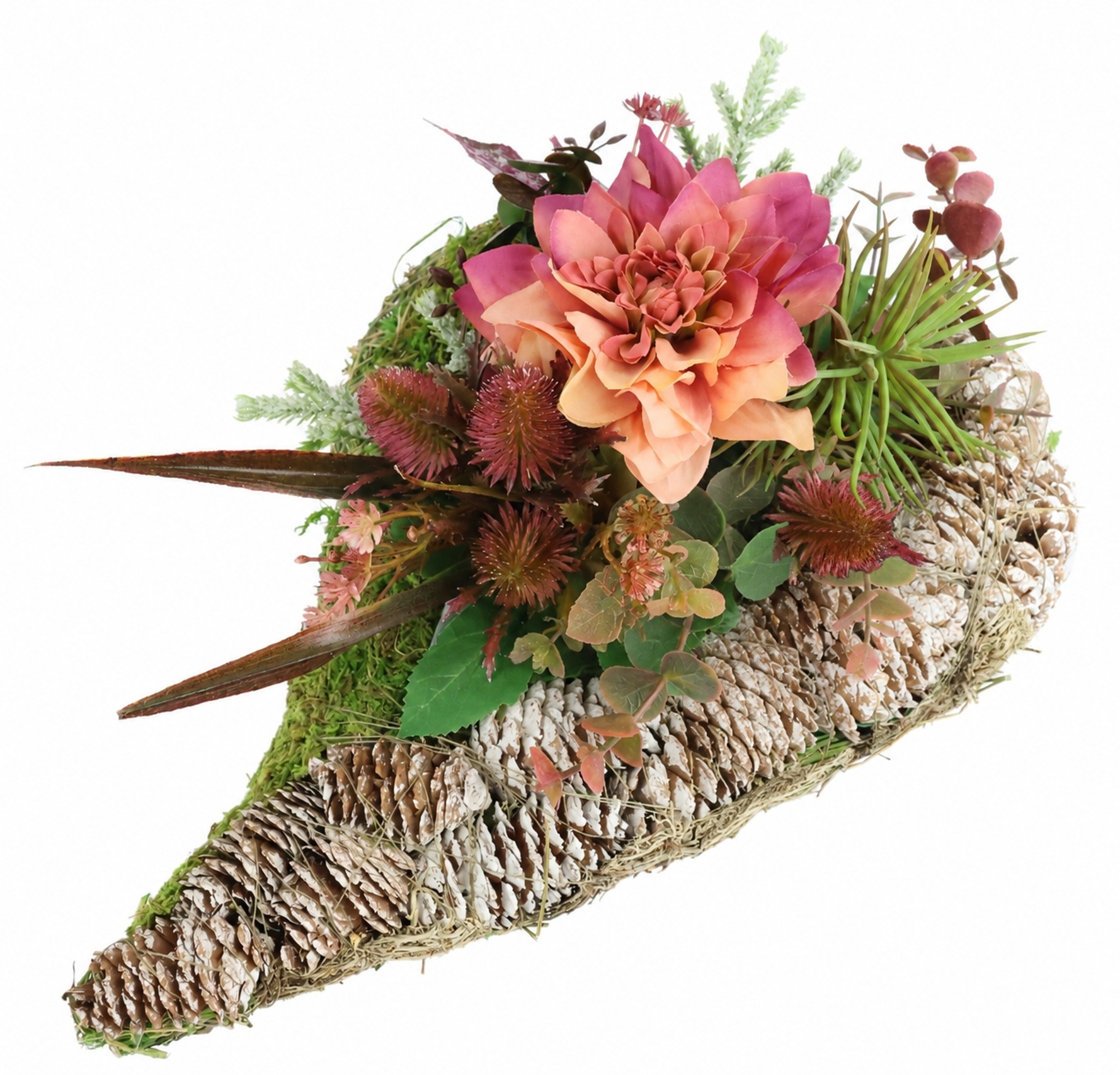 OTTO home Kunstblume "Gesteck mit Dahlie in Herz-Pflanzschale" Herzdekoration mit Dahlienblüte, Zapfen und Kunstpflanzen