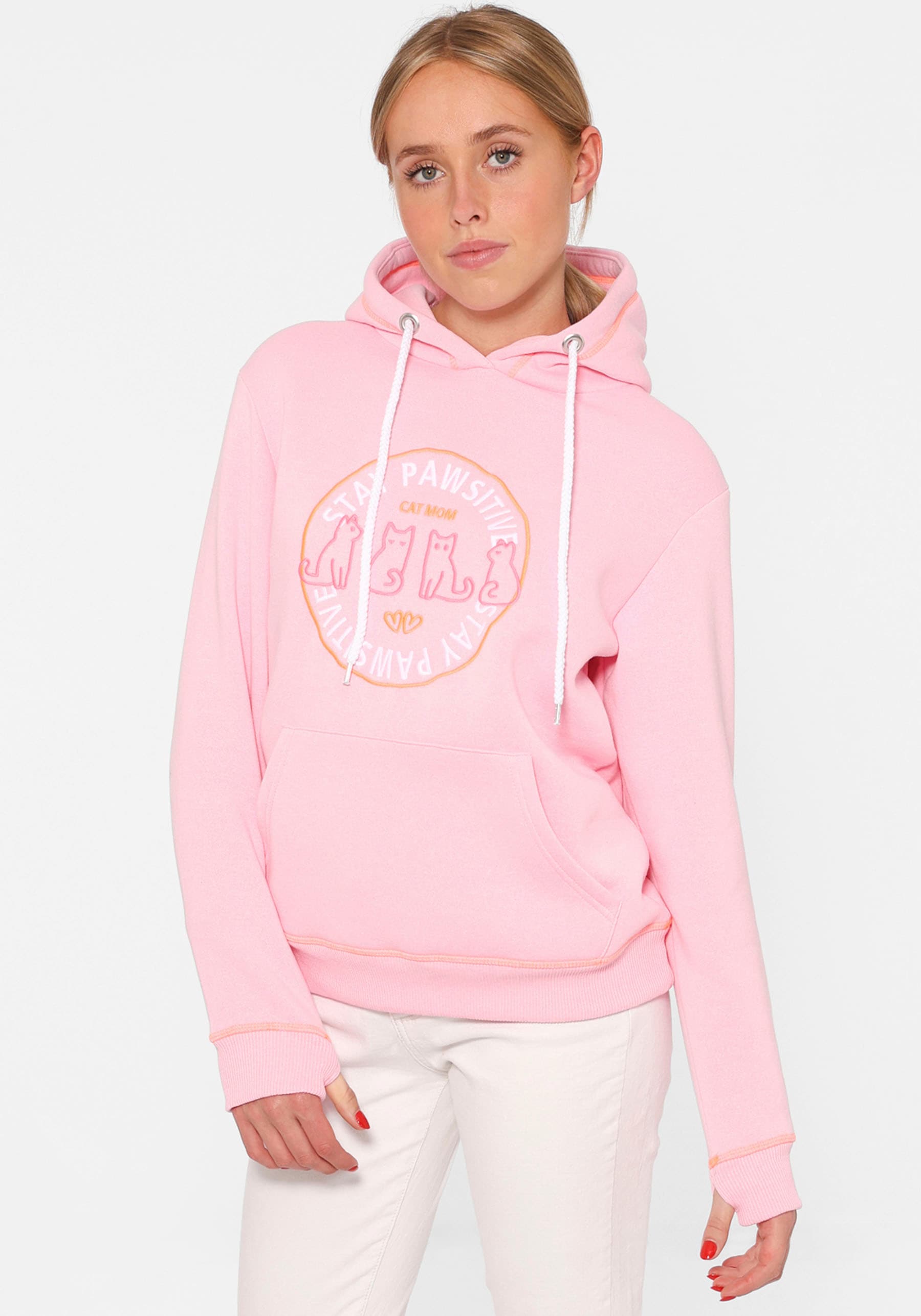 Zwillingsherz Hoodie ""Cat Mom"", mit aufgesticktem Katzenmotiv und Kontrastnähten