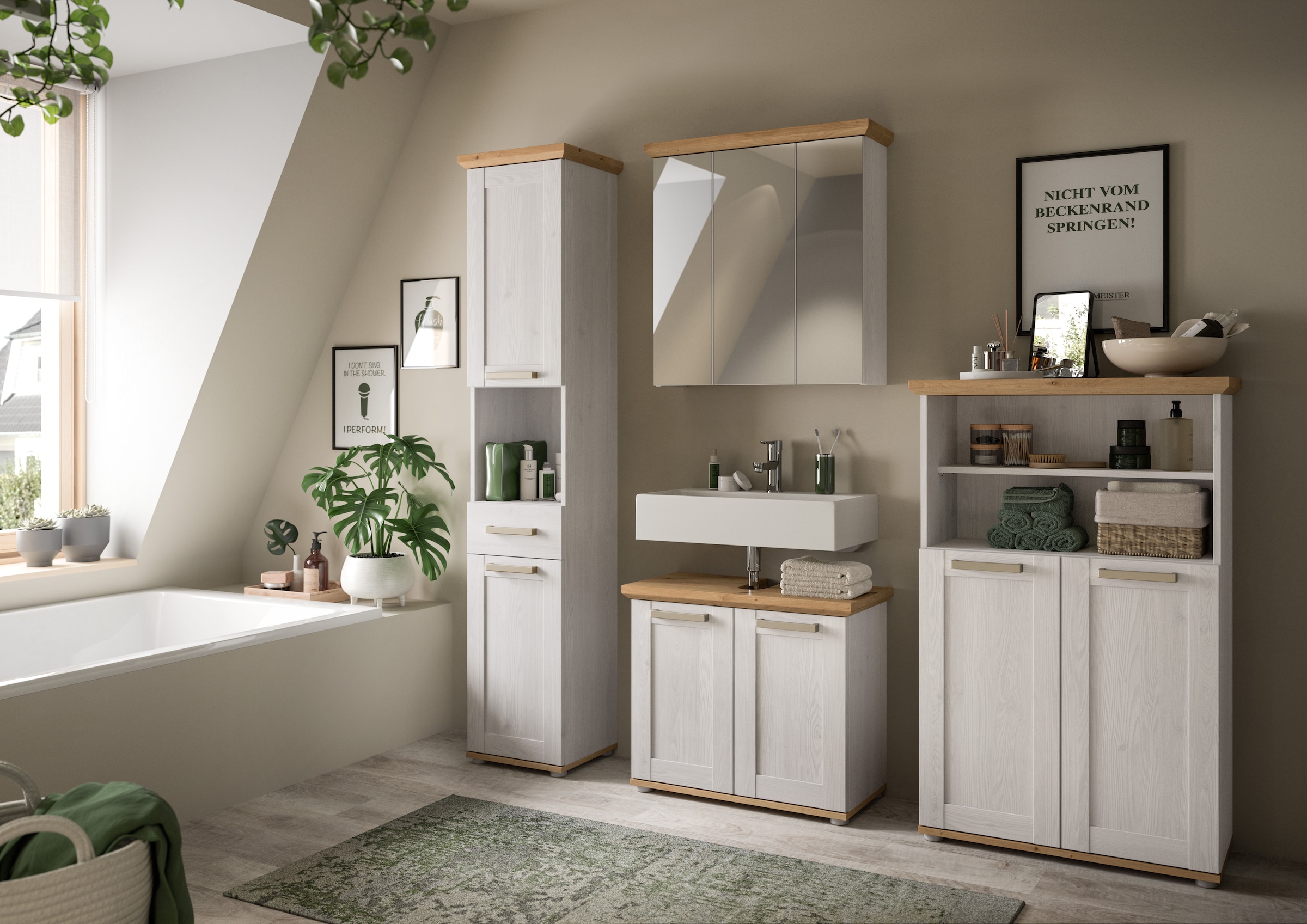 welltime Badmöbel-Set »COSENZA, 4-teilig, in Landhausoptik, mit farblich abgesetztem Kranz« best. aus: 1 Hochschrank, 1 Spiegelschrank, 1 WBU und 1 Midischrank, 4 Stk. tlg.