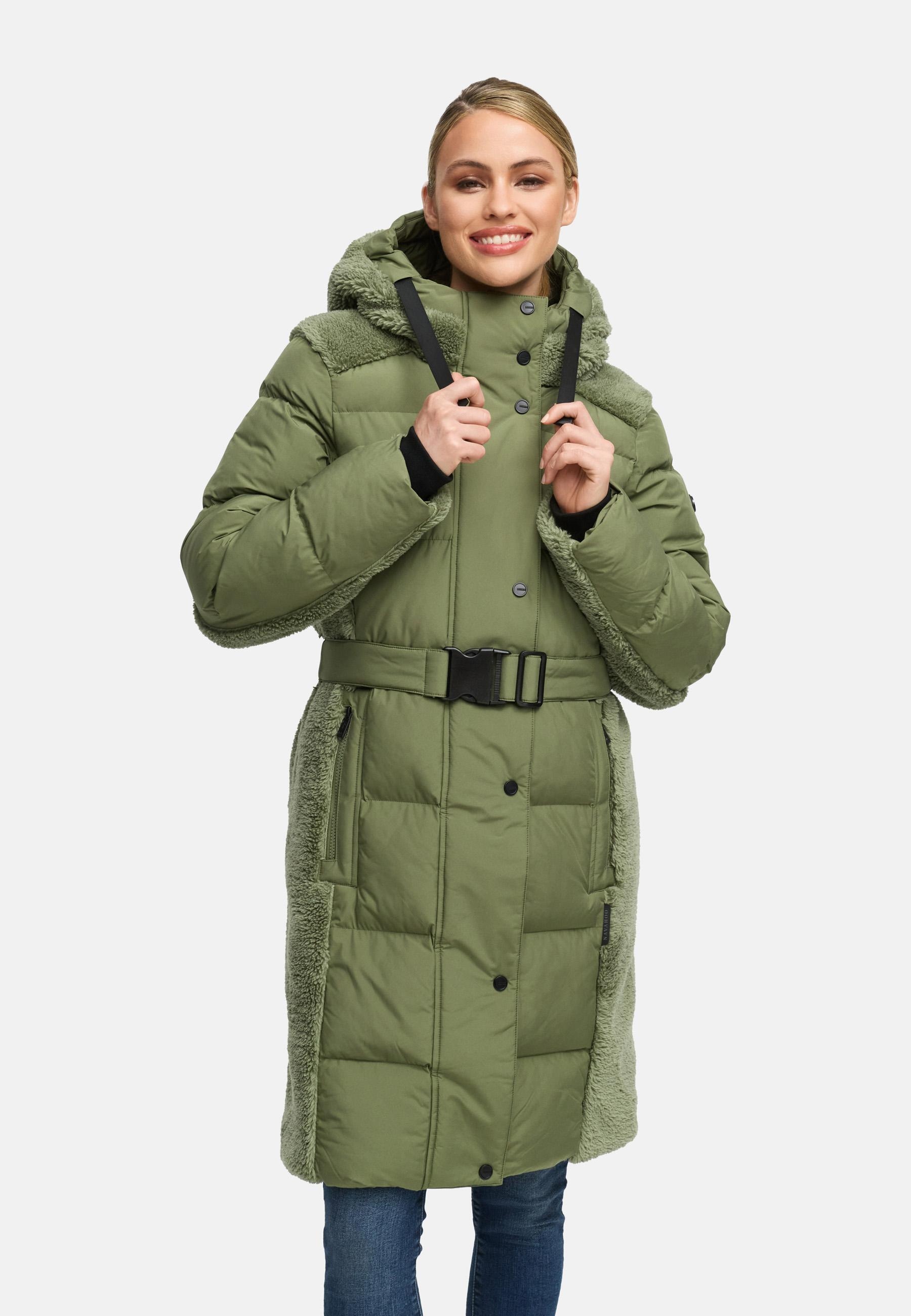Navahoo Wintermantel »Funkelteddy 14«, warmer Mantel mit Teddyplüsch-Akzenten und Taillengürtel