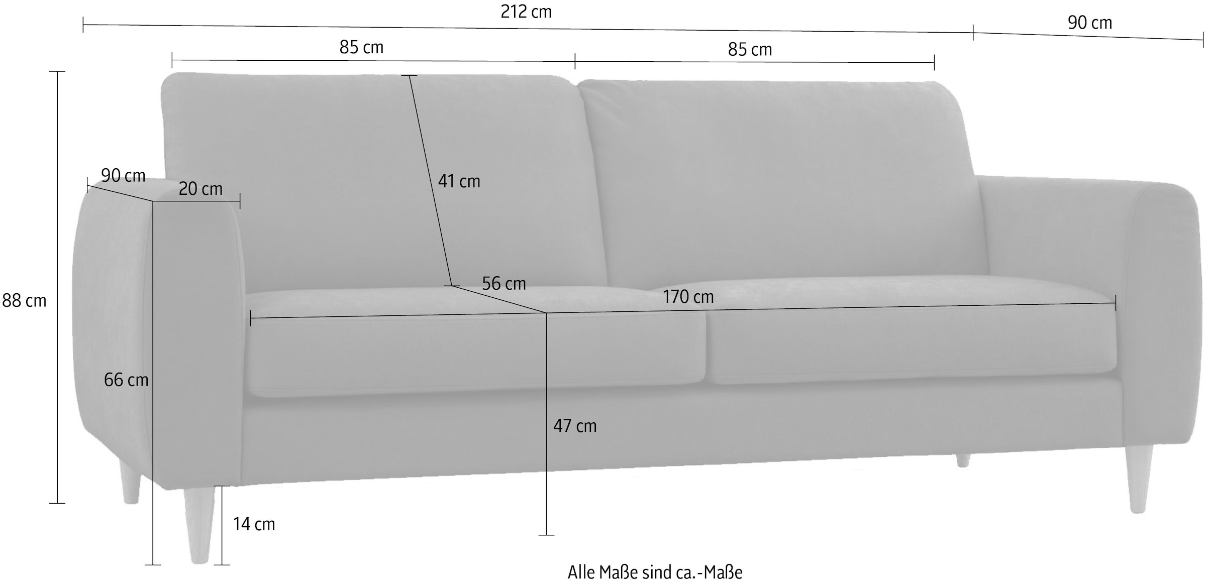OTTO home 3-Sitzer »Finnian« 212 cm, Chenille-Bezug, Massivholzfüße mit eleganter Linienführung