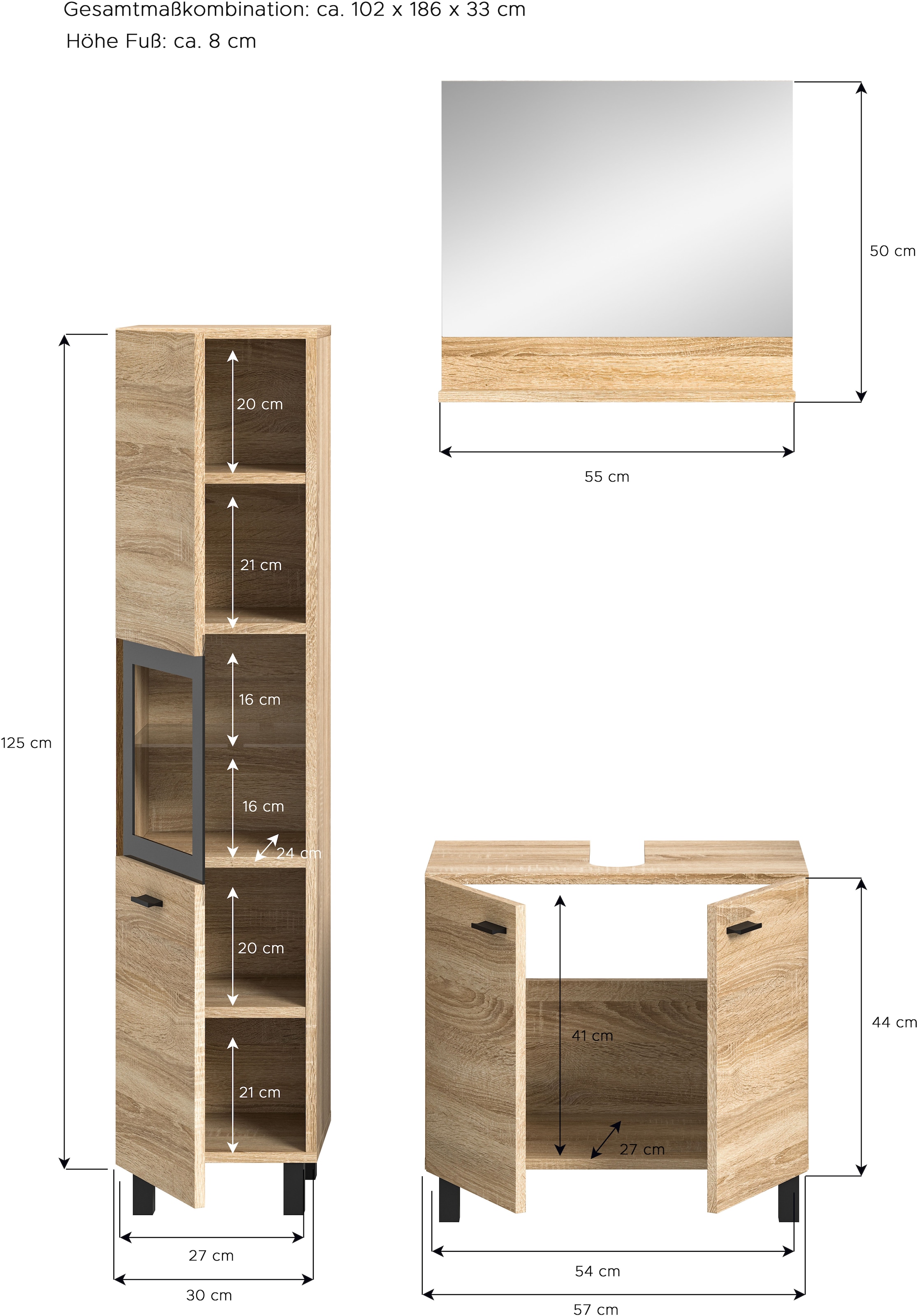 welltime Badmöbel-Set »Tampa, Breite 102cm, 3-teilig«, (3 St.), Waschbeckenunterschrank, Spiegel, Hochschrank