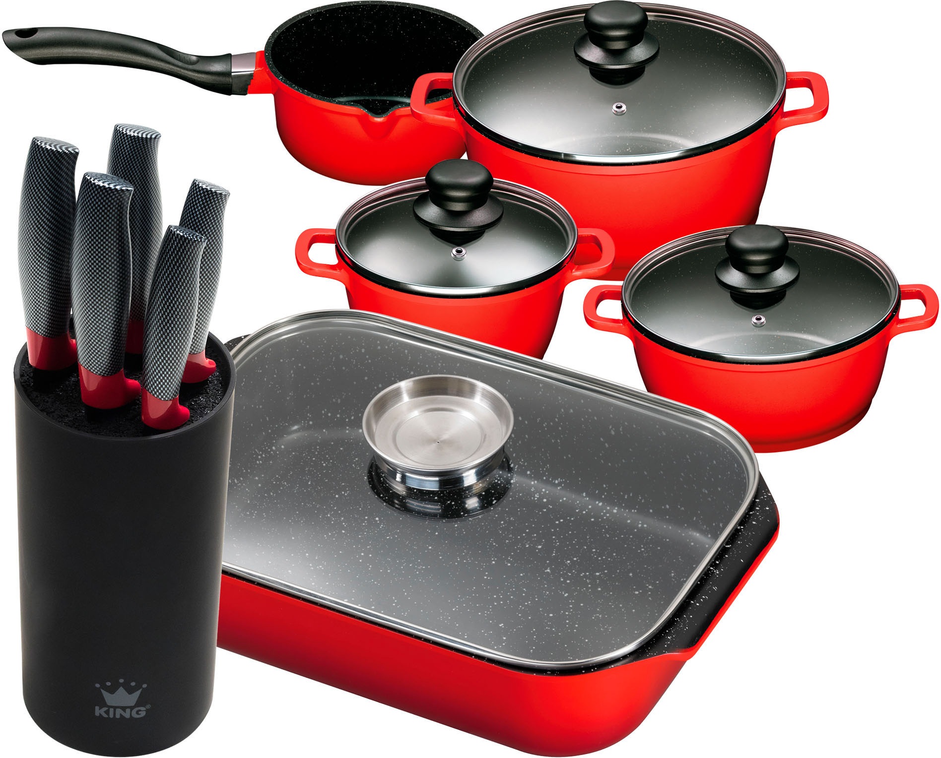 KING Topf-Set Set, 4 Töpfe, 3 Deckel, Bräter, 1 Messerblock, 5 Kochmesser, günstig online kaufen